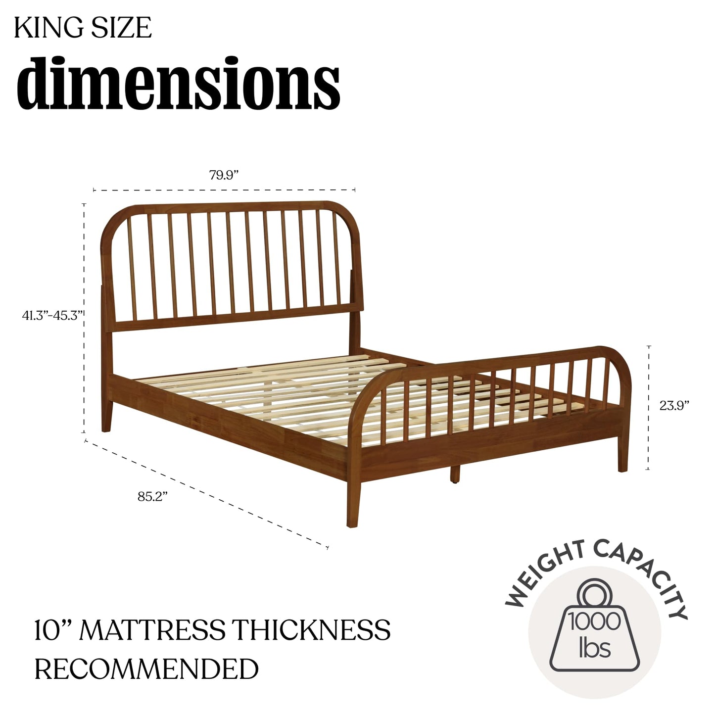 DG Casa Wesley Solid Wood King Size Bed Frame - Mid Century Modern Style, Platform with Spindle Headboard and Footboard, No Box Spring Required, Walnut Finish