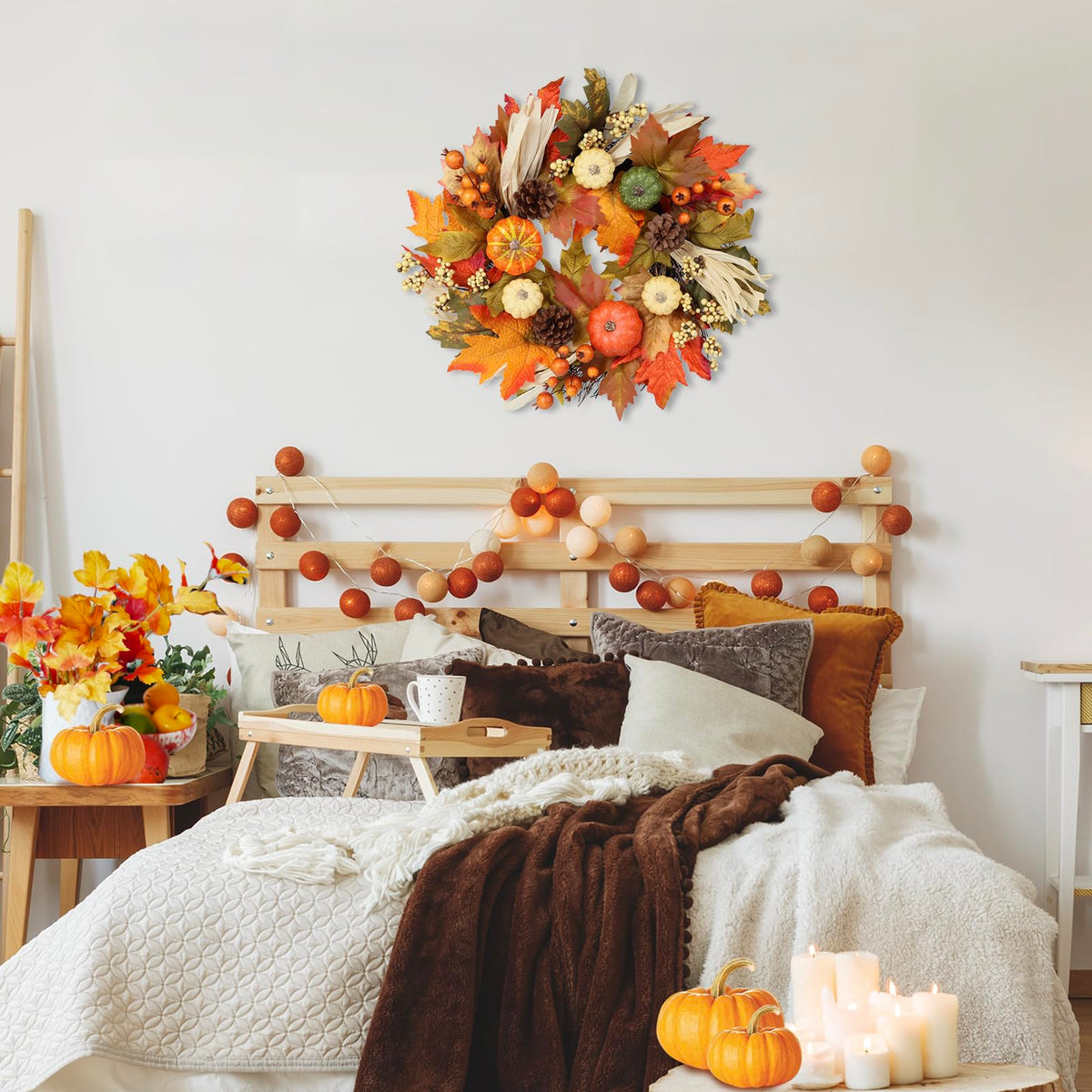 24 Inch Fall Wreaths for Front Door,Autumn Pumpkin Maple Wreath with Hanger