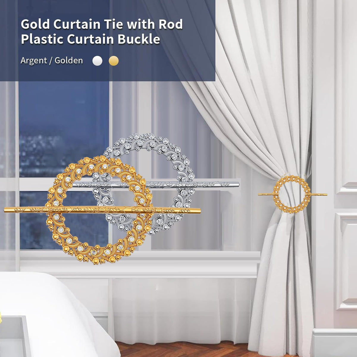 GFOZIOG Crystal Curtain Tiebacks, Gold Plastic Holdbacks with Mounting Rod, Decorative Design with 20 Crystals, 7.6x4.52 Inch, 2 Pack (Gold)
