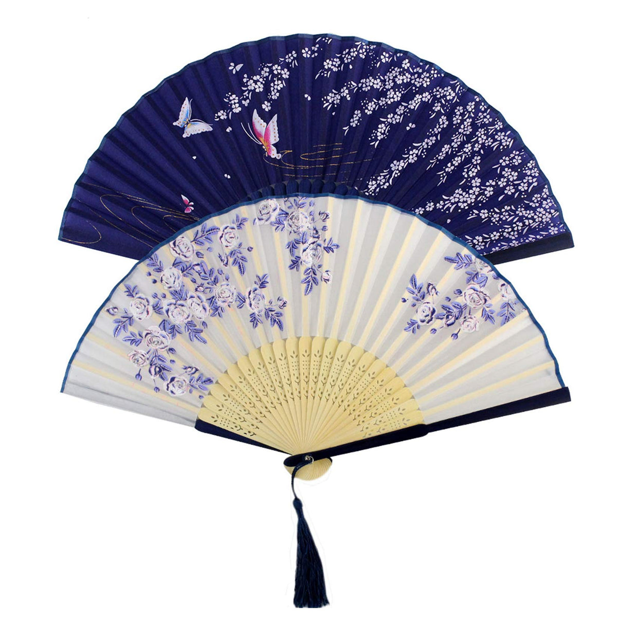 Bantoye 2Pcs Handheld Fans Silk Folding Fans with Bamboo Frames, White Blue