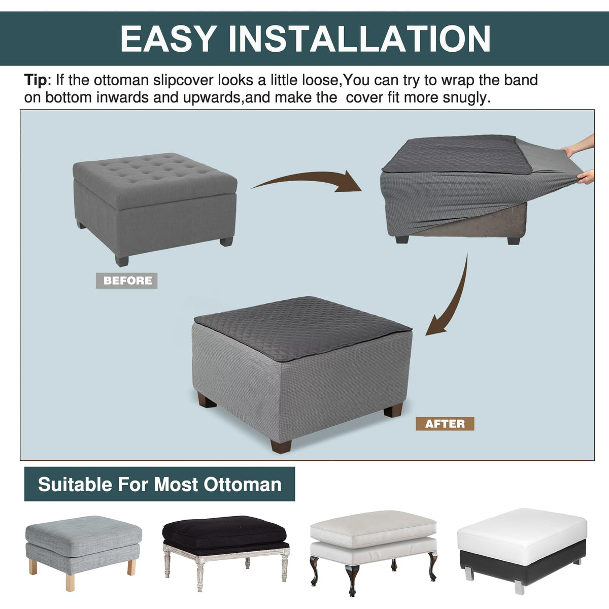 NeColorLife Waterproof Square Ottoman Cover, Large, Dark Gray