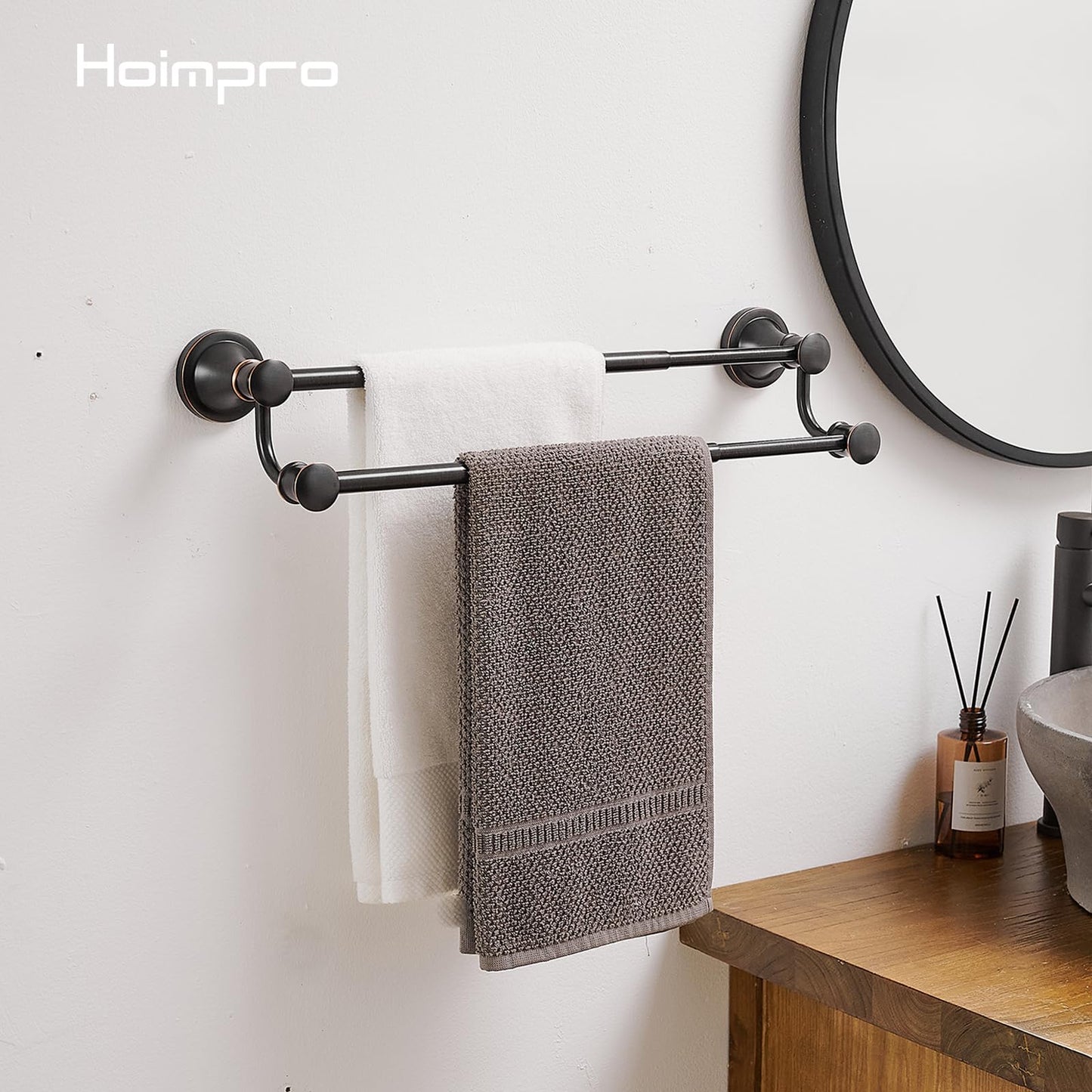 Hoimpro Adjustable Retractable 15-27 Inches Stainless Steel Bathroom Towel Bar, Bathroom Accessories Bath Hotel Double Towel Bar Rod Hanger Wall Mounted Towel Holder Towel Rack, Oil Rubbed Bronze