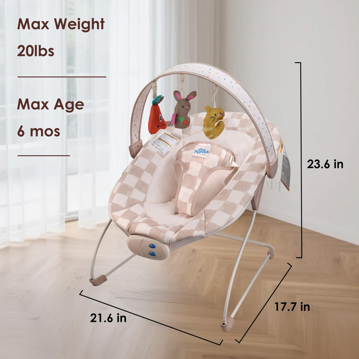 Tiny Marvels Baby Bouncer, Baby Bouncer Seat with Music for 0-6M, 20lbs