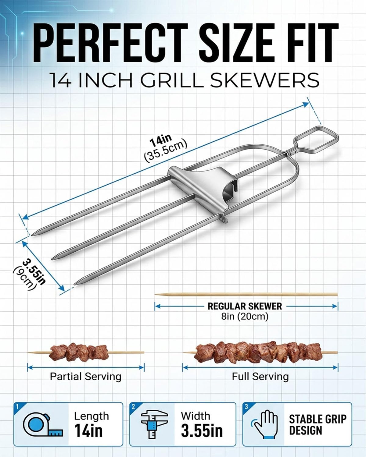 Skewers for Grilling Metal Kabobs BBQ Grill Skewer 3 Way Outdoor Accessories Stainless Steel Chicken Savant Kebab Barbecue Fork Meat Anti Spin 3 Prong Barbeque Reusable Grilling (2)