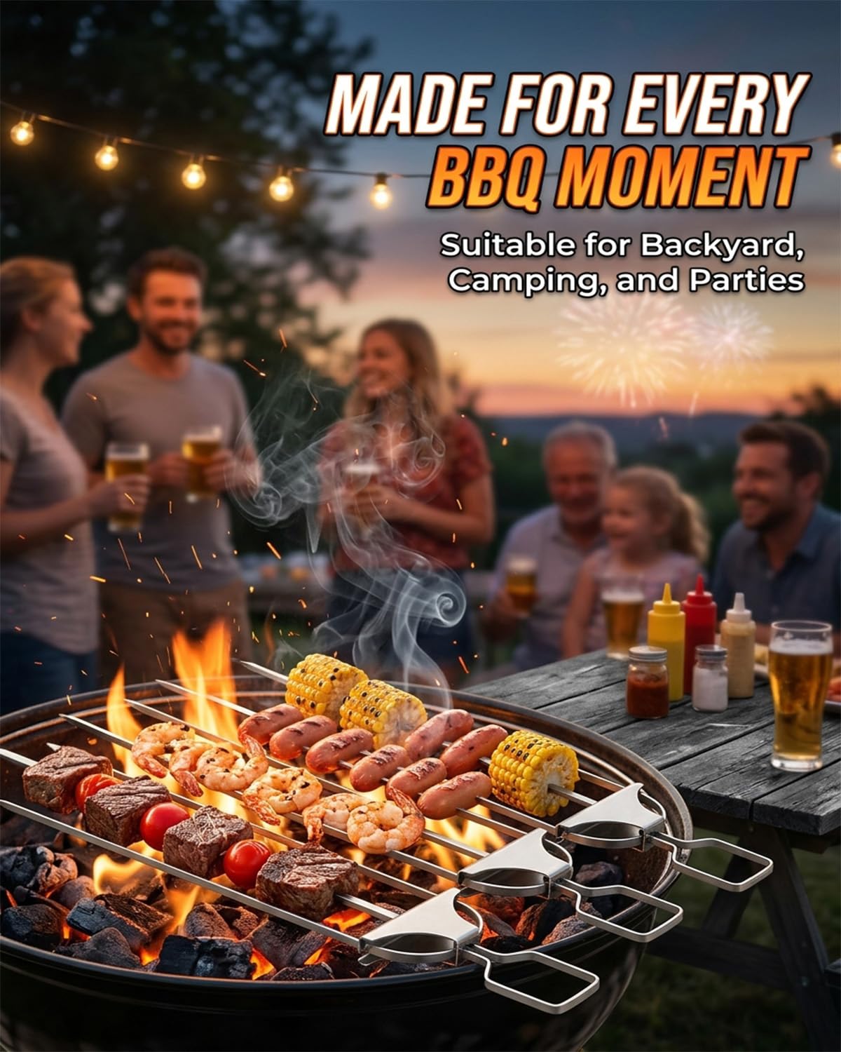 RZGBJYV 2PCS Skewers for Grilling Metal Kabobs Metal Kebab Barbecue Grill 3 Way Outdoor Grill Shish BBQ Stainless Steel Flat Chicken Shrimp 3 Prong Heavy Duty Vertical 14 Inch Adjustable Upright