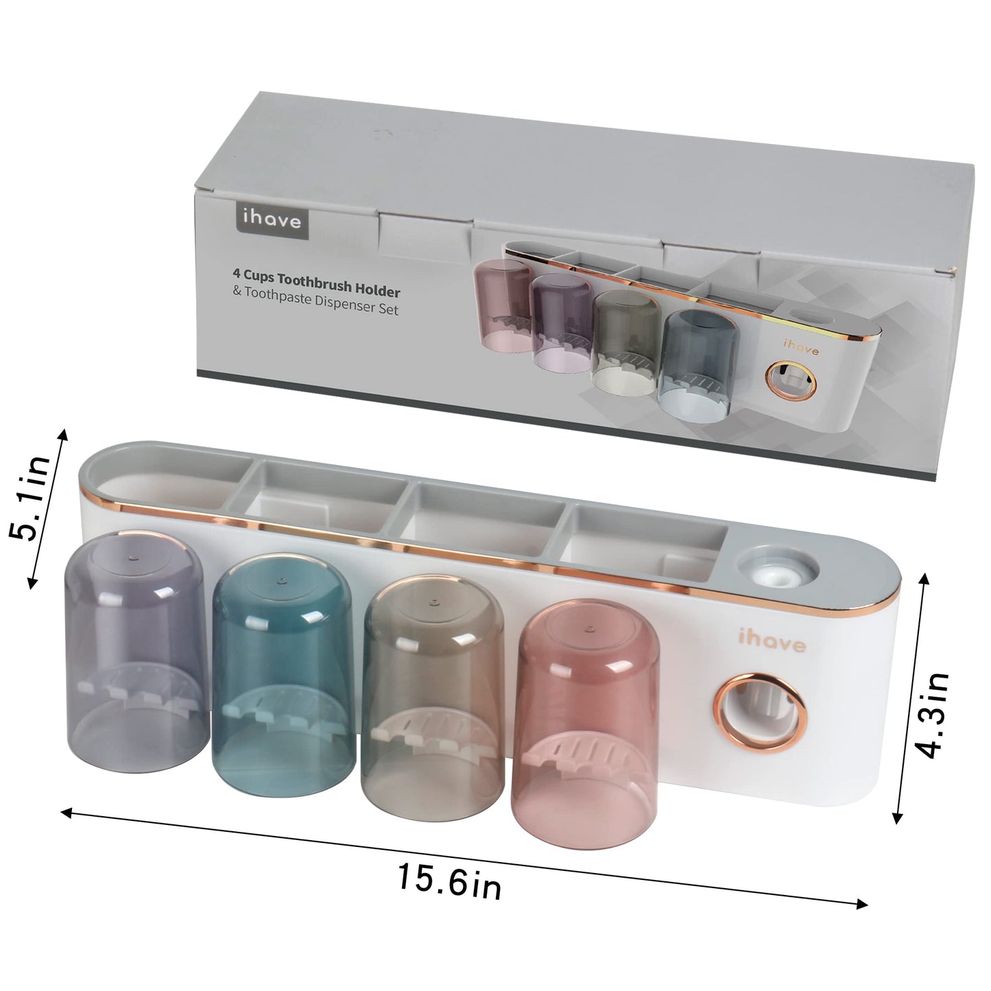 iHave Toothbrush Holders Bathroom Accessories with Toothpaste Dispenser, 4 Cups Toothbrush Holder Wall Mounted Bathroom Decor