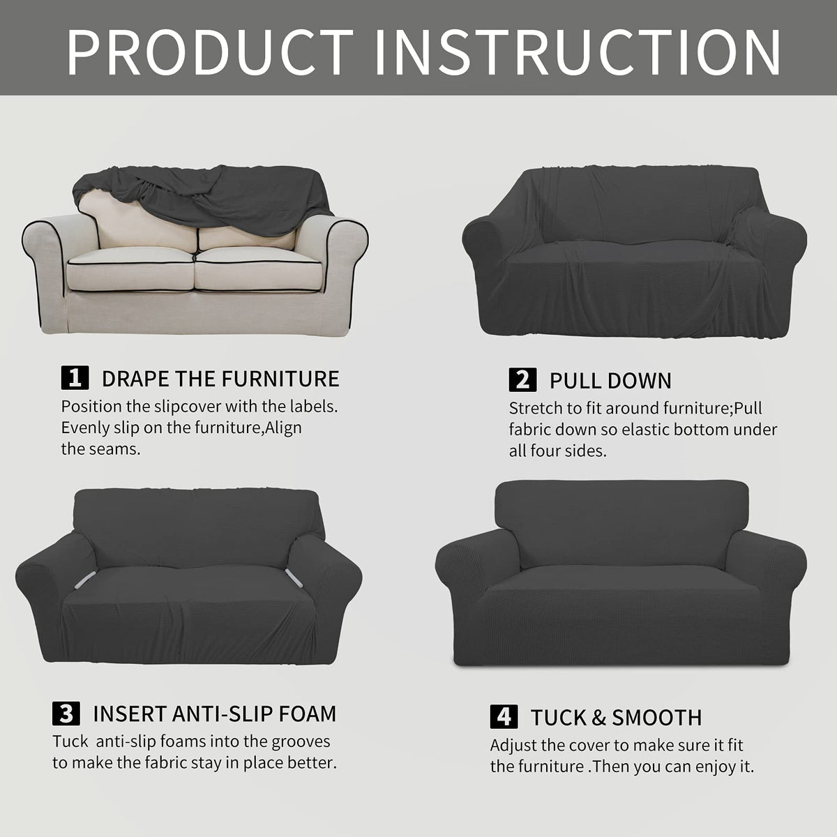 Easy-Going Stretch Loveseat Couch Covers Washable Dark Gray