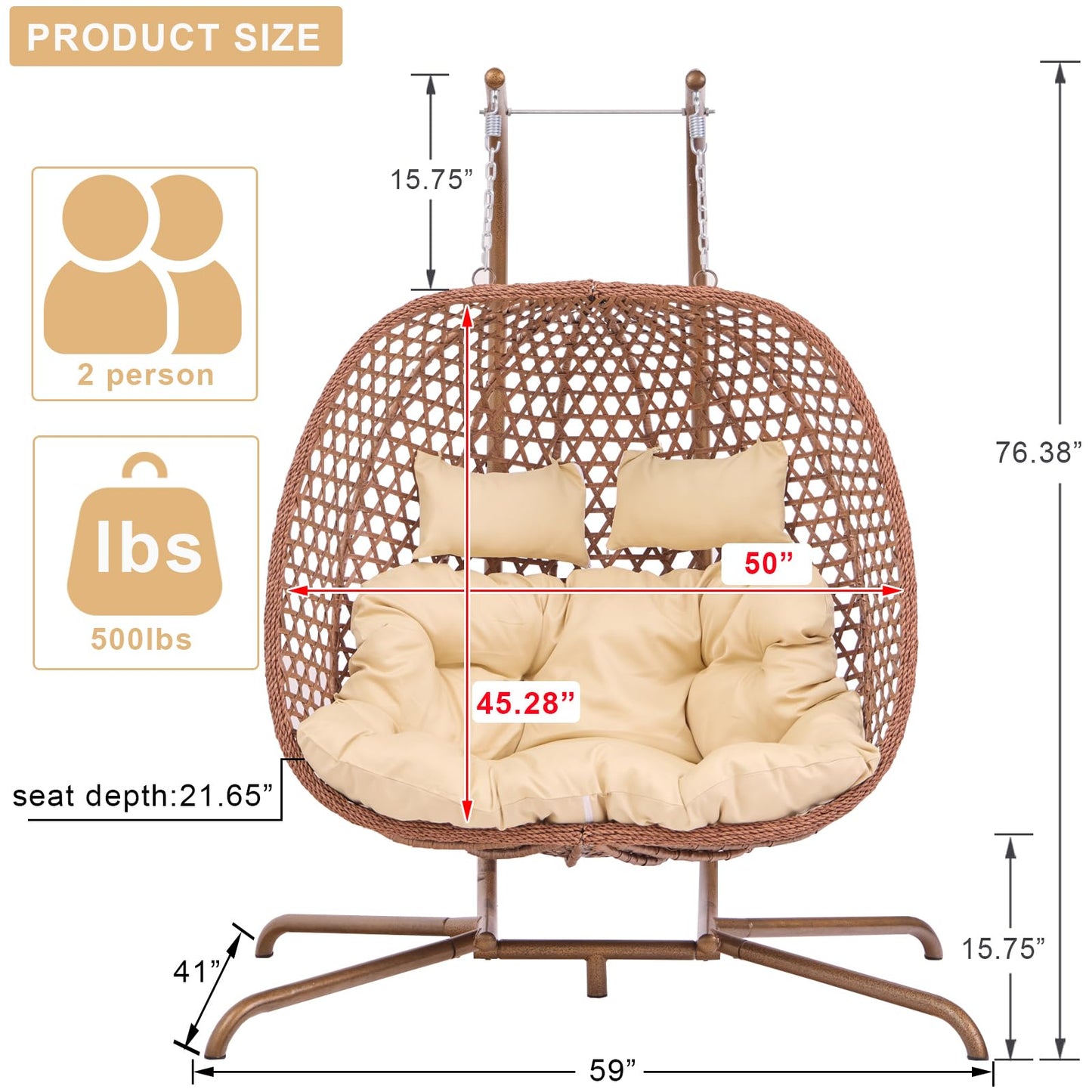 Double Swing Egg Chair with Stand, Hexagon Rattan Wicker Swing Chair Outdoor, Large 2 Person Patio Hanging Chair with Foldable Loveseat Removable Cushions (Beige)