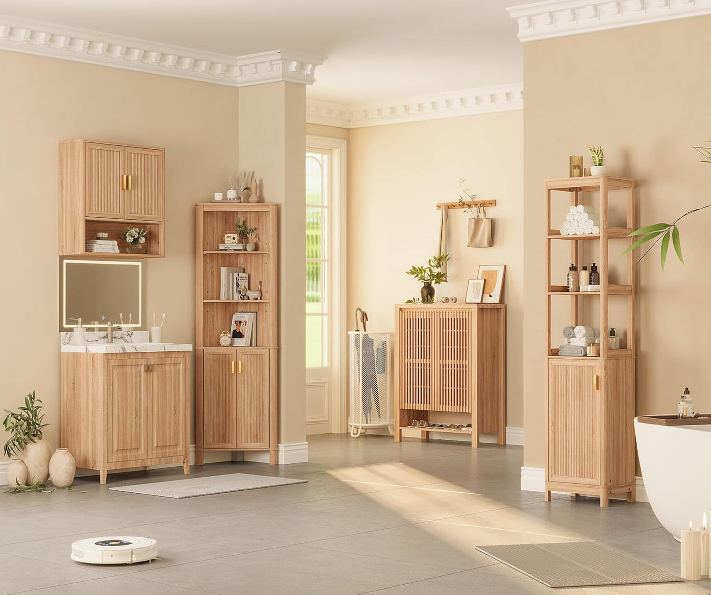 INNOD Bathroom Wall Storage Cabinet, Medicine Cabinet with Adjustable Wood Shelf & Doors, Over the Toilet Storage Cabinet for Laundry Room & Living Room Kitchen Storage Islands (Natural Oak)