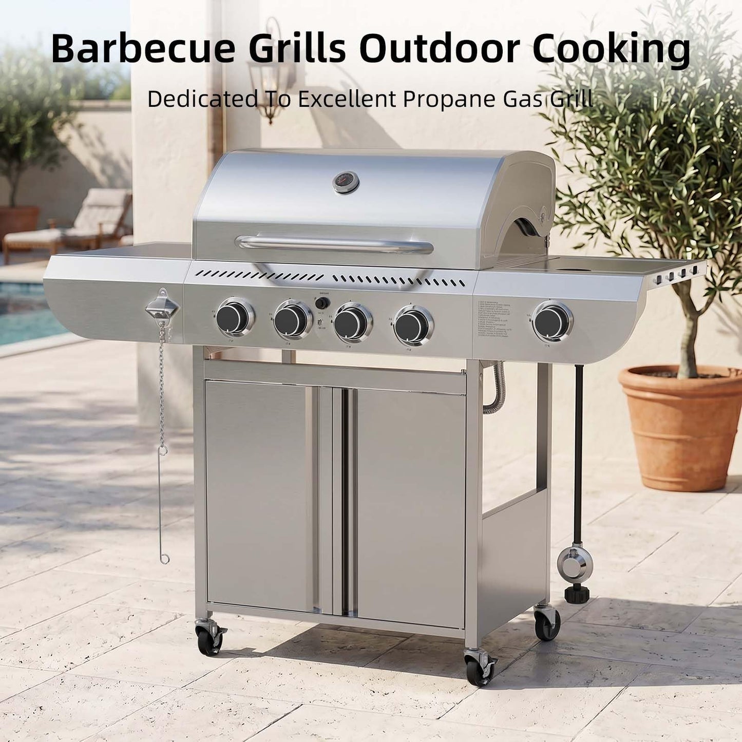 COWSAR 4-Burner Gas Grill, 42000 BTU BBQ Grill, Stainless Steel Barbecue Grill with Side Burner, Enameled Cast Iron Grill, Pull-Out Oil Tray, Suitable For Outdoor, Backyard Barbecues