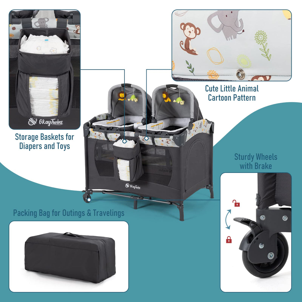 okaytwins Twin Bassinet & Full-Size Infant Bedside Bassinet & Playard for Baby, Includes 2 Removable Rock-A-Bye Portable Bassinets with Storage Bags, Gray