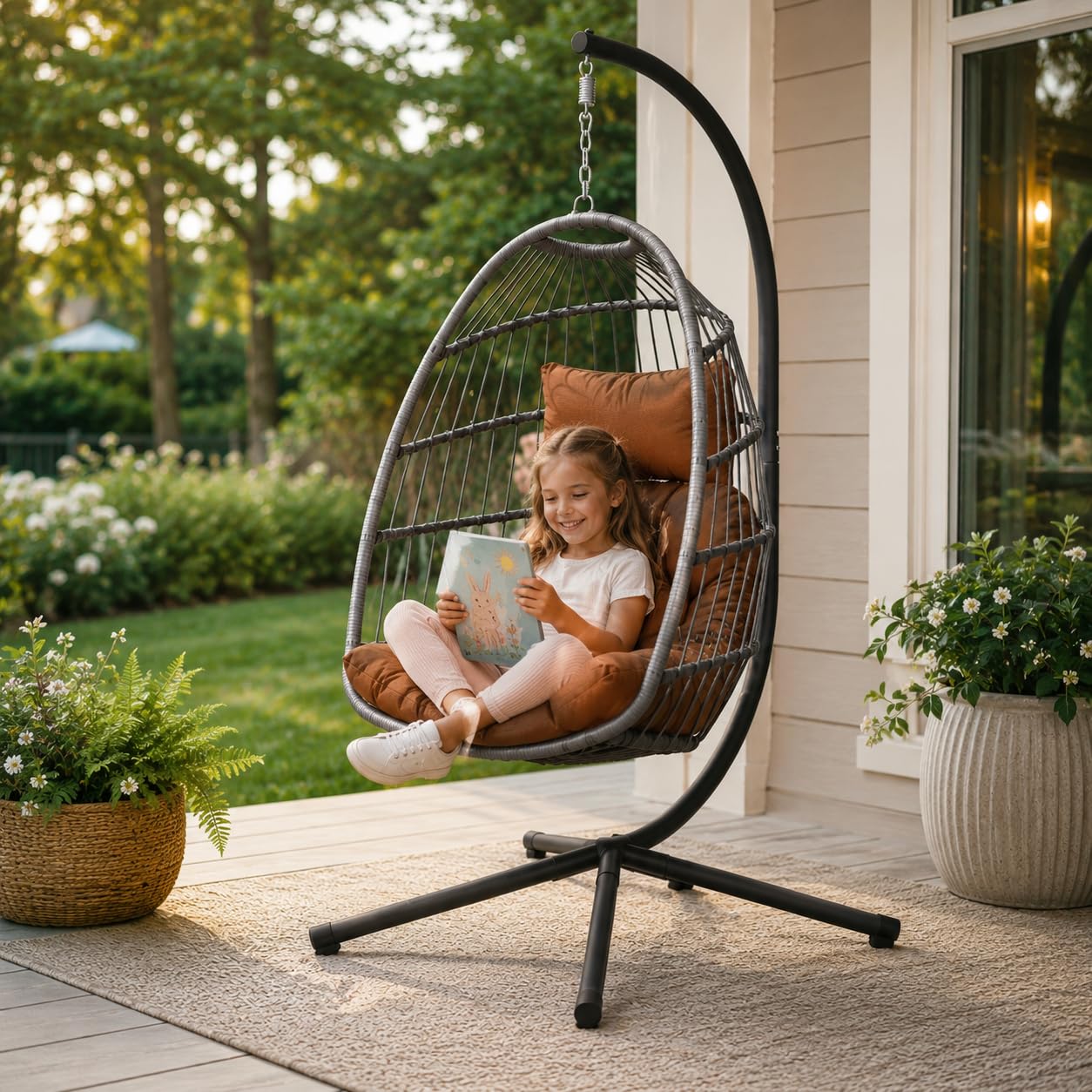 UELKS Egg Swing Chair with Stand, Indoor Outdoor Hanging Egg Chair with Thickened Metal Frame and Cushion, Foldable Patio Wicker Swinging Hammock Chair for Bedroom, Porch, Garden, Balcony