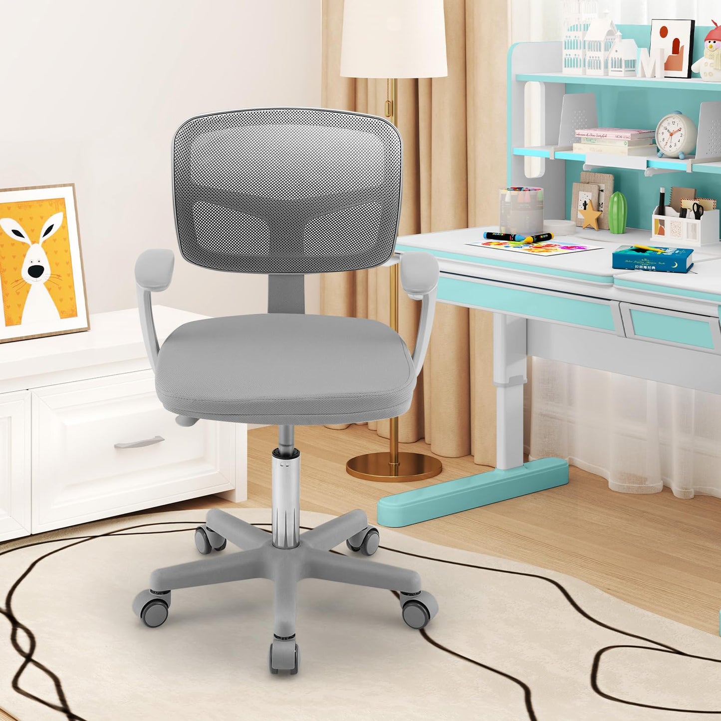 Giantex Kids Desk Chair, Ergonomic Adjustable Teen Task Chair w/Y-Shaped Lumbar Support, Armrest & Universal Wheels, Mesh Kid Office Chair for Sturdy, Kids Computer Chair for Boys & Girls 4-12, Grey