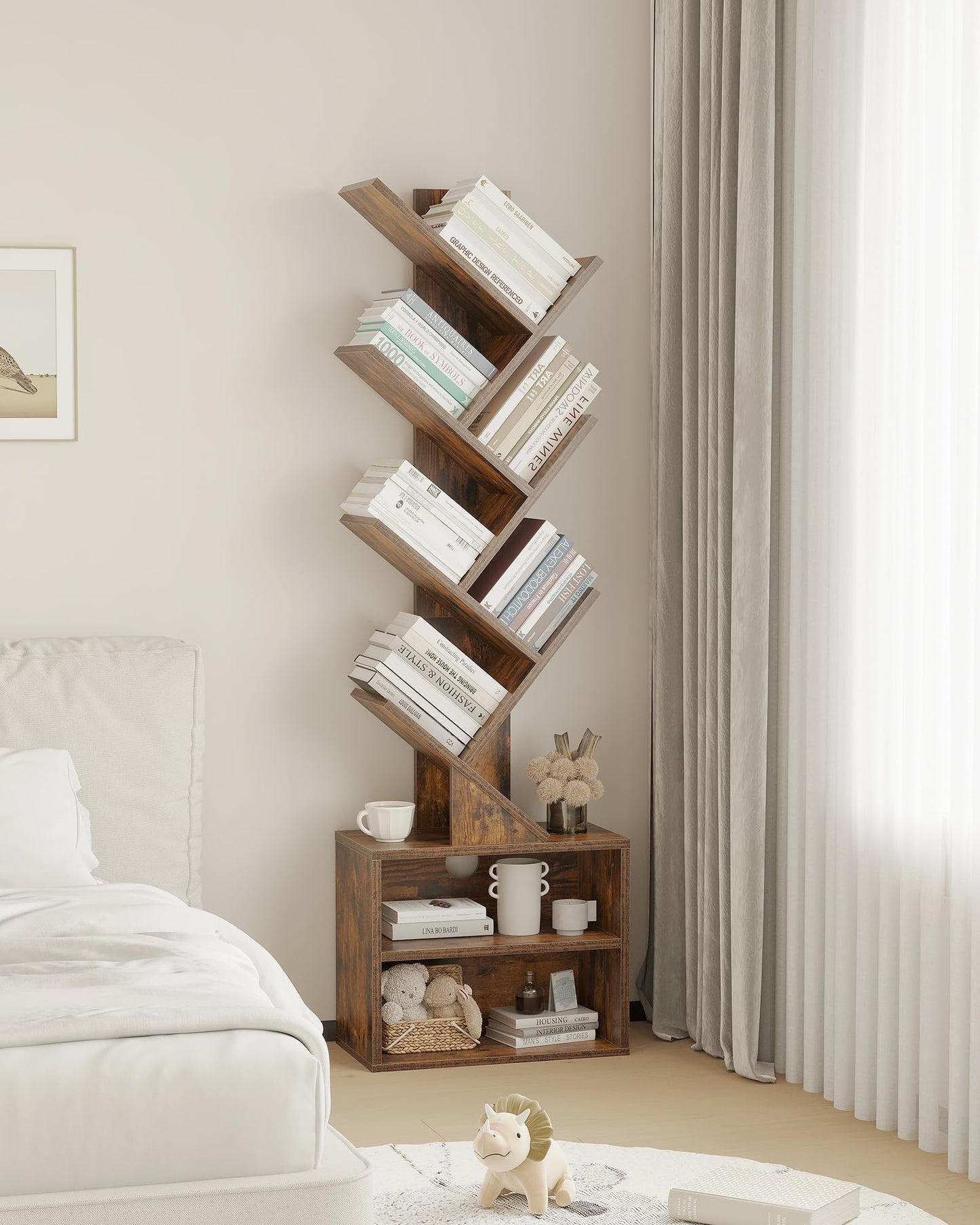 SUNMORY 6 Tier Tree Bookshelf, Tall Small Bookcase with Storage Cabinet