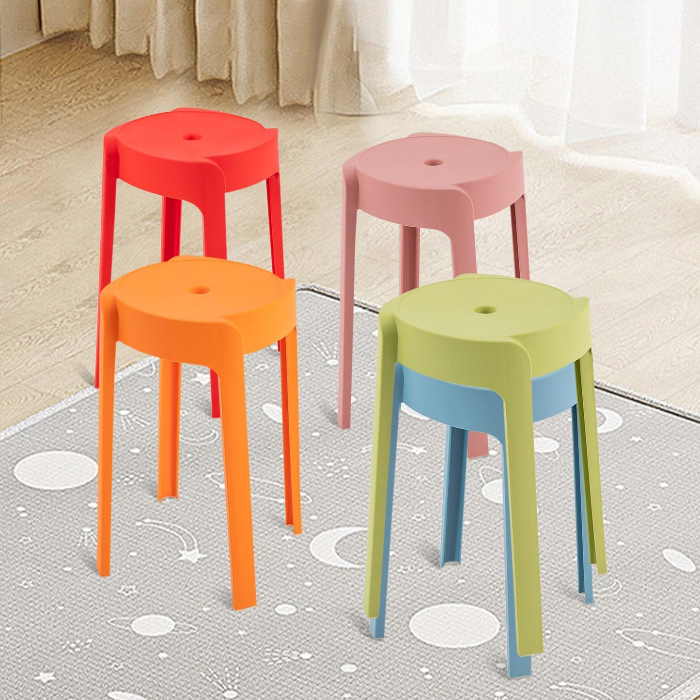 HUASSION 5 Pack Plastic Stackable Stools, 18 Inch Colorful Round Classroom Stools for School, Kindergarten, Home & Office