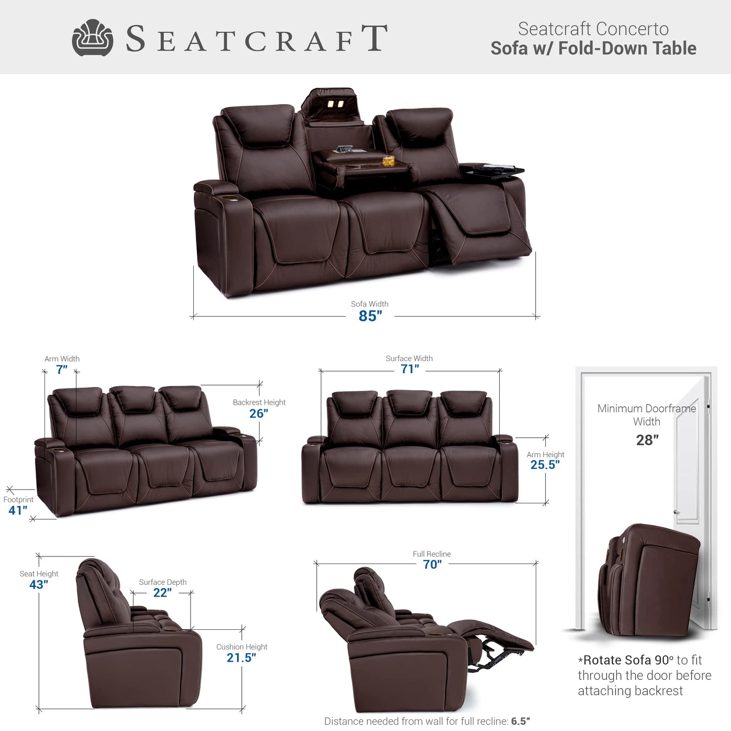 Seatcraft Concerto Home Theater Seating Brown Sofa with Fold Down Table