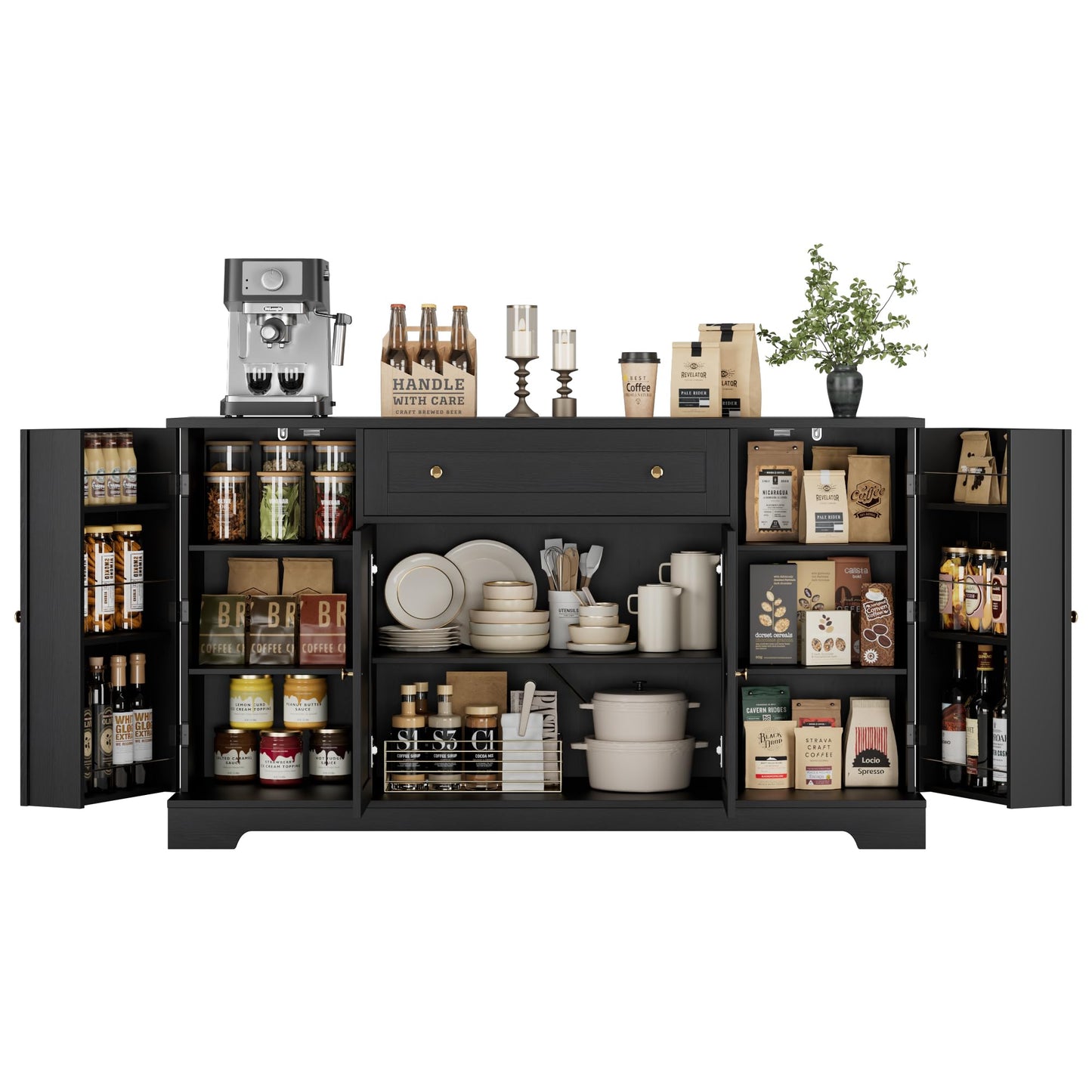 HITHOS 54" Buffet Cabinet with Storage, Modern Kitchen Buffet Sideboard with Drawer, Wood Coffee Bar with Adjustable Shelves, Kitchen Storage Cabinet for Living Room, Black
