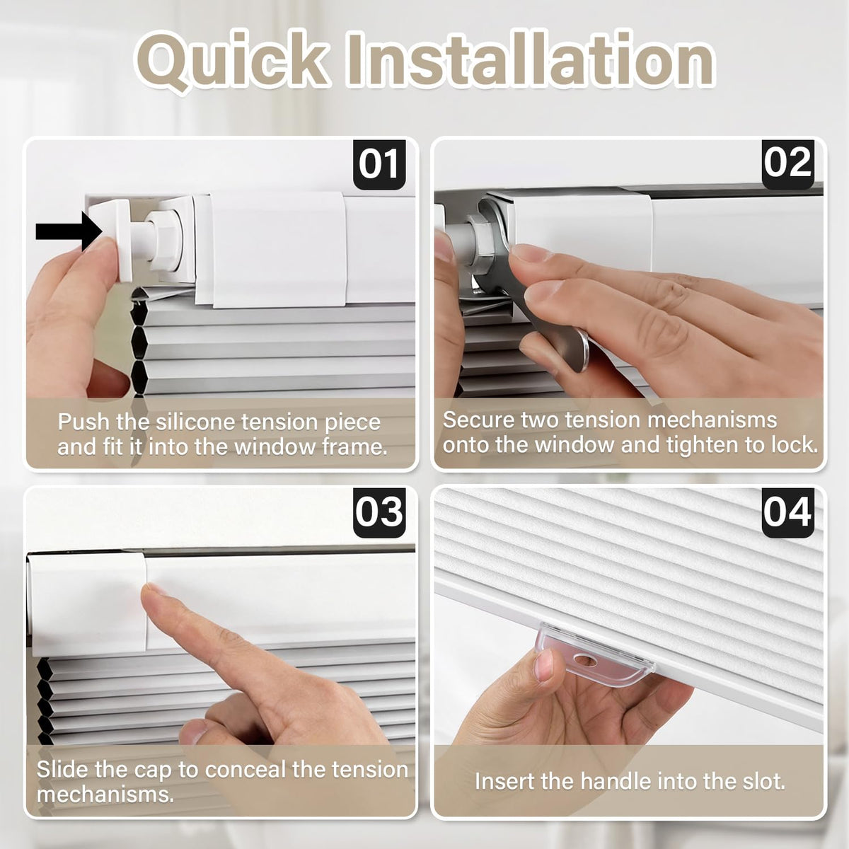SUNOFF Cordless No Drill Blackout Cellular Shades, 34" W x 64" H, White