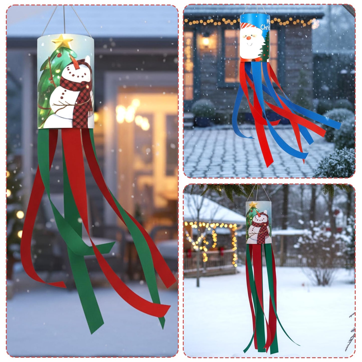 2 PCS Christmas Windsocks Outdoor, Set of 2 Holiday Decorations for Porch and Yard, Festive Fabric Windsock with Classic Designs
