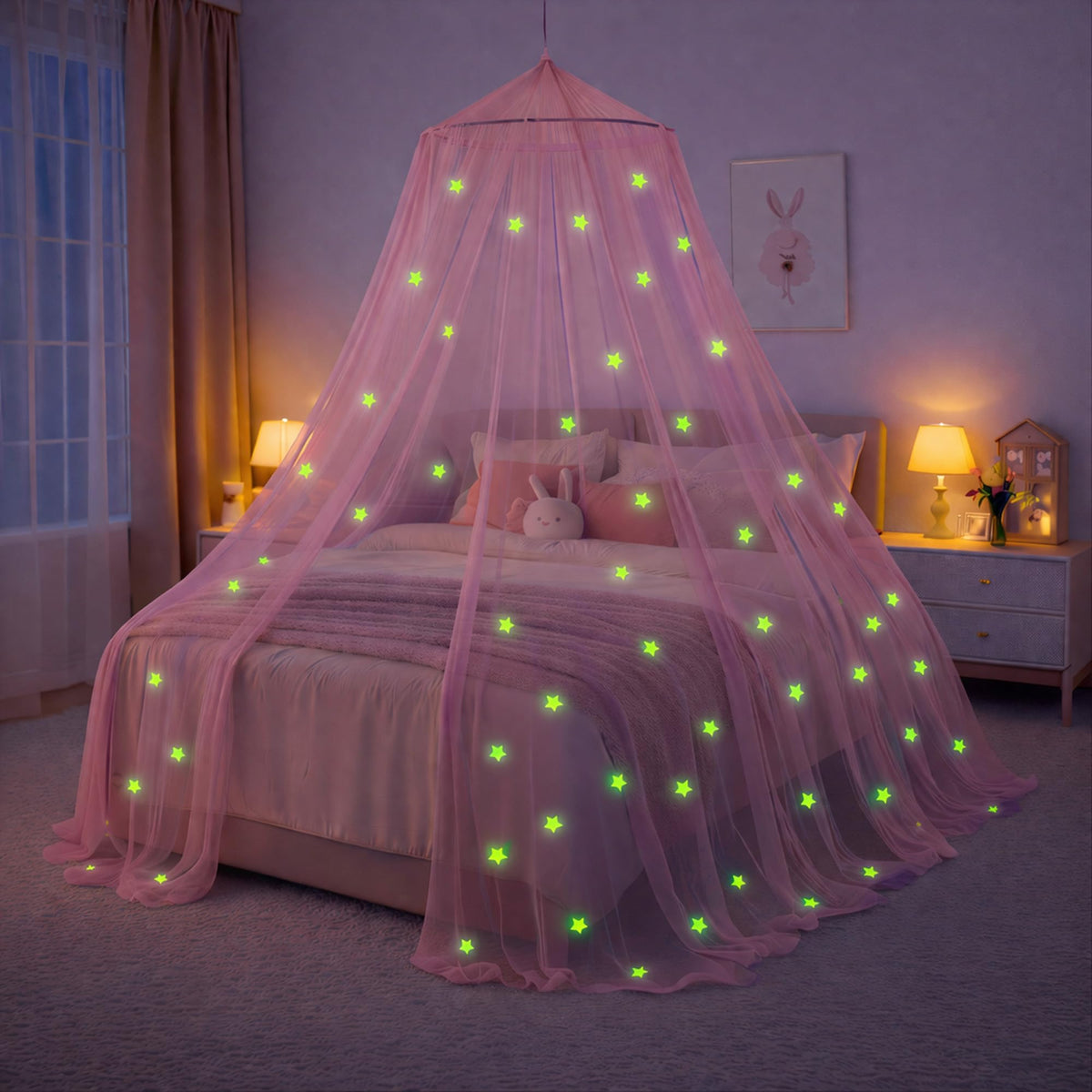 Bollepo Pink Bed Canopy for Girls with Glowing Stars - Premium Canopy Bed | Fits Single, Twin, Full, Queen Size Kids Bed, Princess Netting Room Decor, Ceiling Tent to Cover Toddler, Canopy for Bed