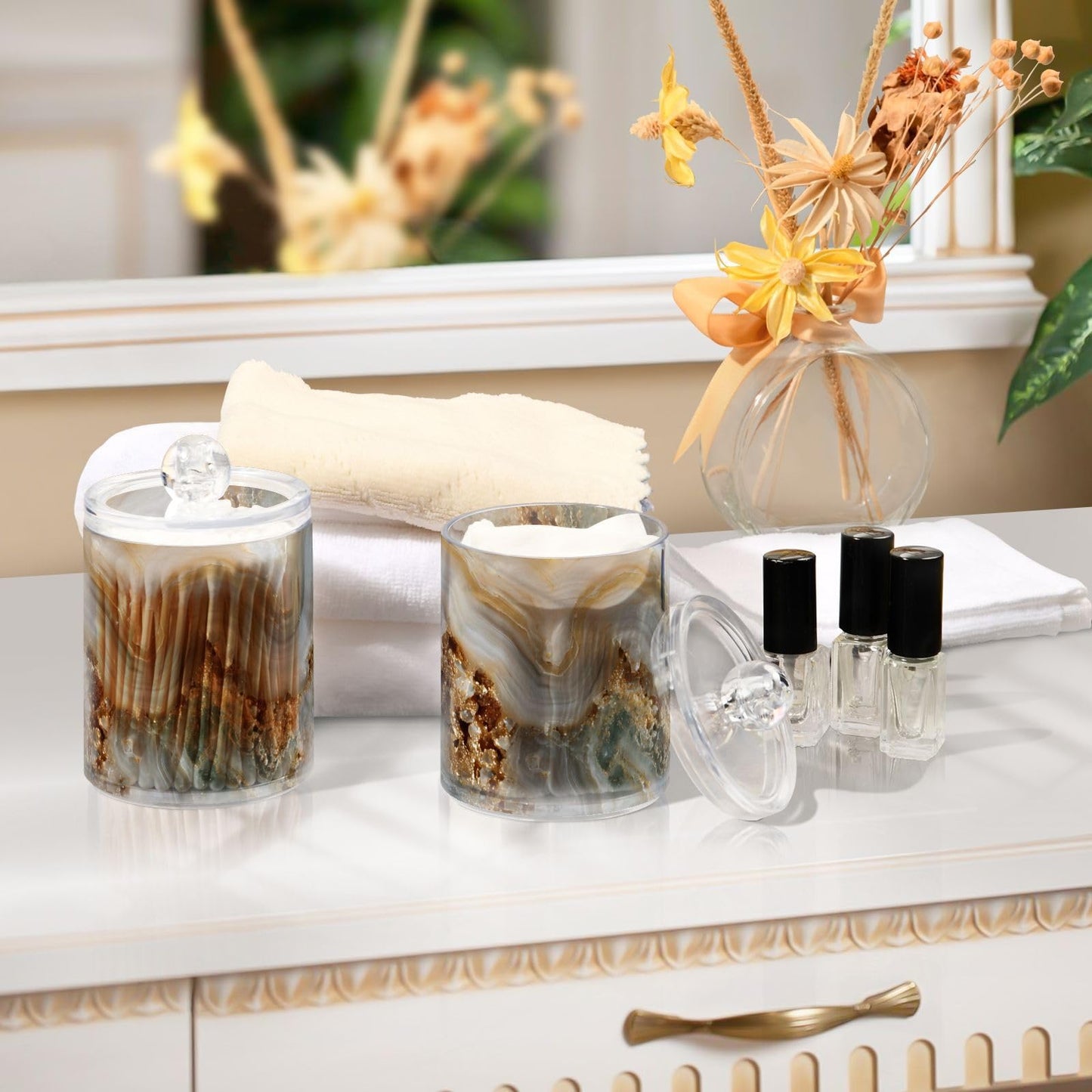 Xmycdz 2 Pack Agate Marble Apothecary Jars with Lid, 10 Oz Clear Plastic Apothecary Jar Set Qtip Holder Storage Containers for Cotton Ball Swabs Bathroom Vanity