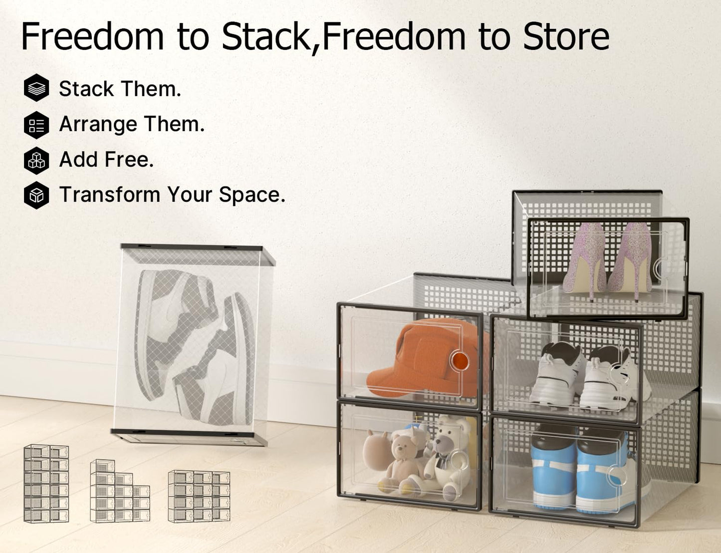 Kuject X-Large Shoe Storage Boxes 12 Pack, Clear Stackable Shoe Organizer