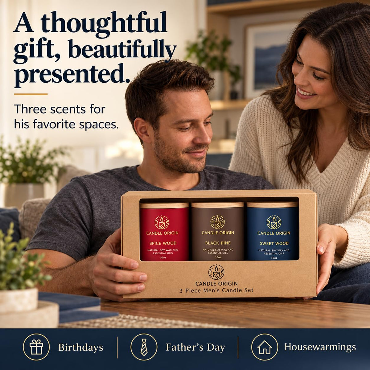 Scented Candles for Men, Premium Gift Set 3x10oz, Strong Long Lasting Soy