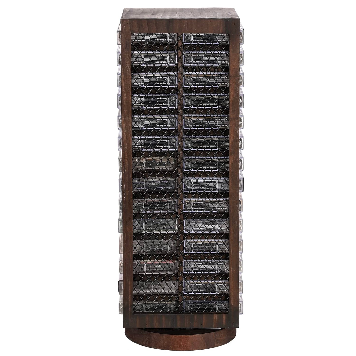 FARM IN Cassette Tape Storage, 360-Degree Rotatable Design Farmhouse Style Cassette Rack Tower, Double-Sided 28-Slot, Rustic Solid Burnt Wood & Diamond Metal Wire Mesh