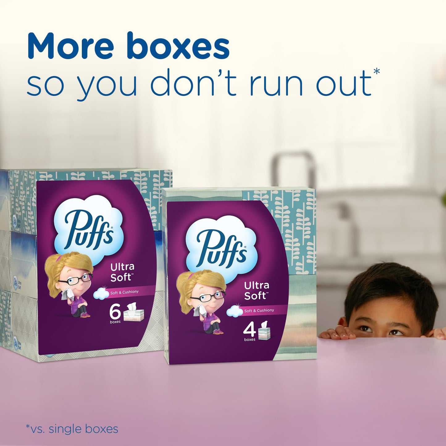 Puffs Facial Tissues Ultra Soft, 4 Family Boxes, 124 Facial Tissues per Box, Allergies and Colds (Packaging May Vary)