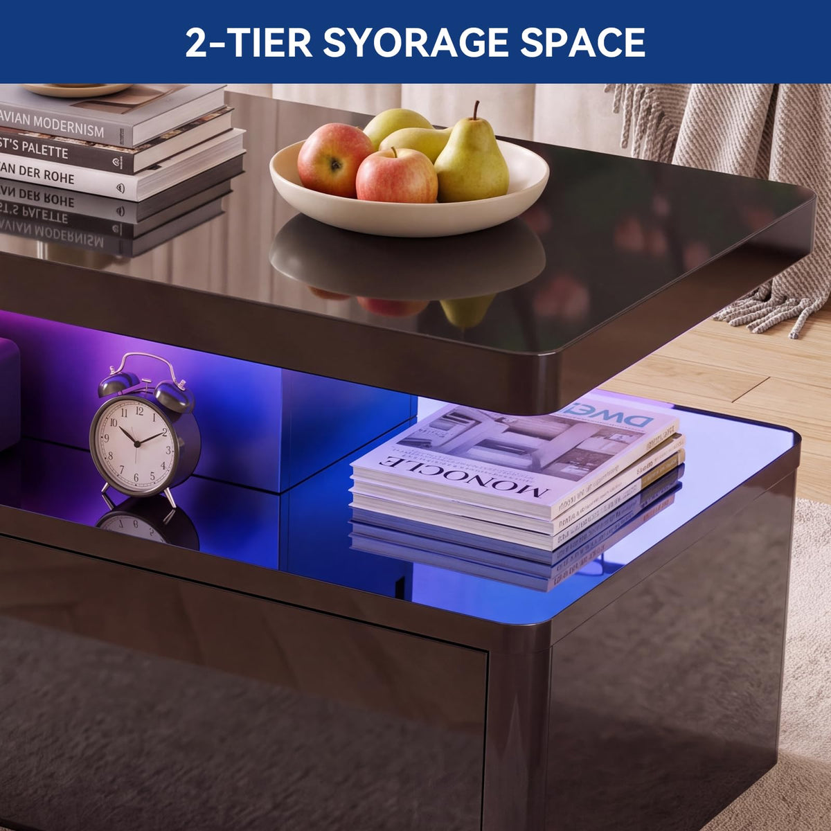 OneBlis 40" LED Coffee Table with 2 Large Drawers, 60,000-Color Lights App Control, Rectangular Center Table, High Glossy Modern Tea Table for Living Room, Black