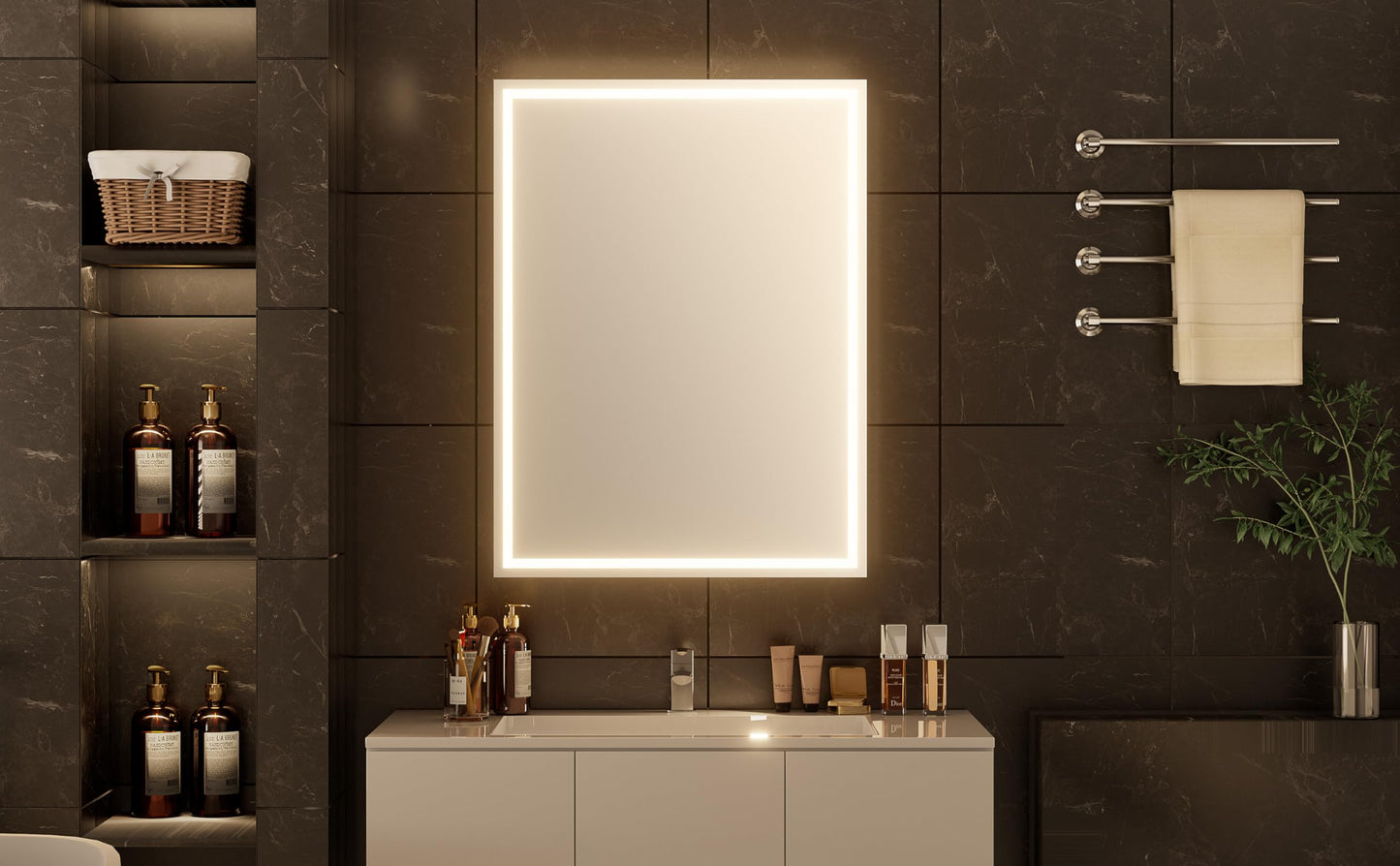 HAUSCHEN HOME 28 x20Inch LED Medicine Cabinet Mirror with Lights for Bathroom,Defogger,Stepless Dimmable, 3000K/5500K Color Temperature Wall Mounted Makeup Mirror,Adjustable Shelf (Assembly Required)