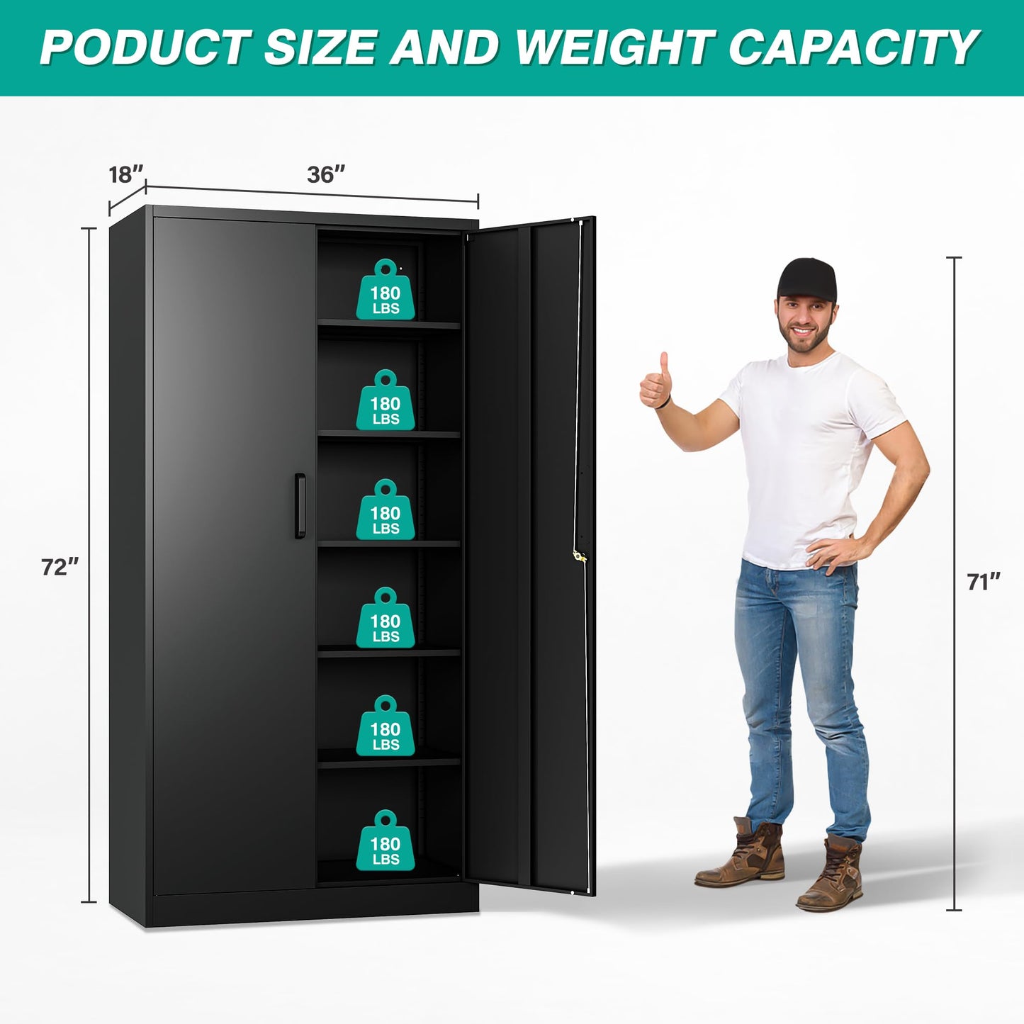 SISESOL Wide & Deep Metal Storage Cabinet with 2 Doors and 6 Shelves,72x36x18 Garage Storage Cabinet,Tall Black Locking Metal Cabinets with Lock,Steel Locked Cabinets for Home,Office,Garage,School