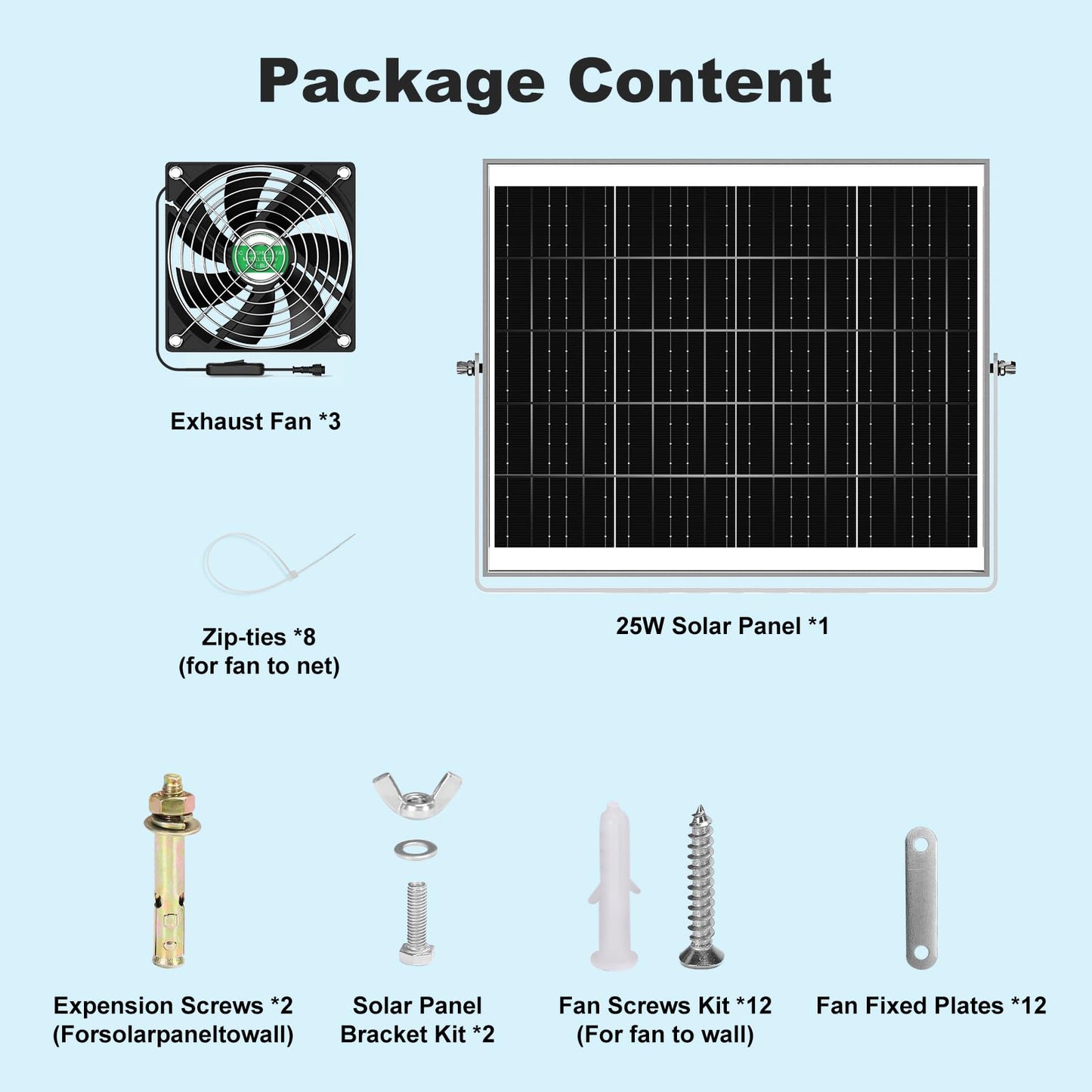ZIZIWIN Solar Chicken Coop Fan 3 Kit, 25W Solar Powered Greenhouse Fan Outdoor Waterproof, Solar Exhaust & Intake Fans, Strong Airflow for Shed Dog House Circulation Ventilation Cooling, No Battery