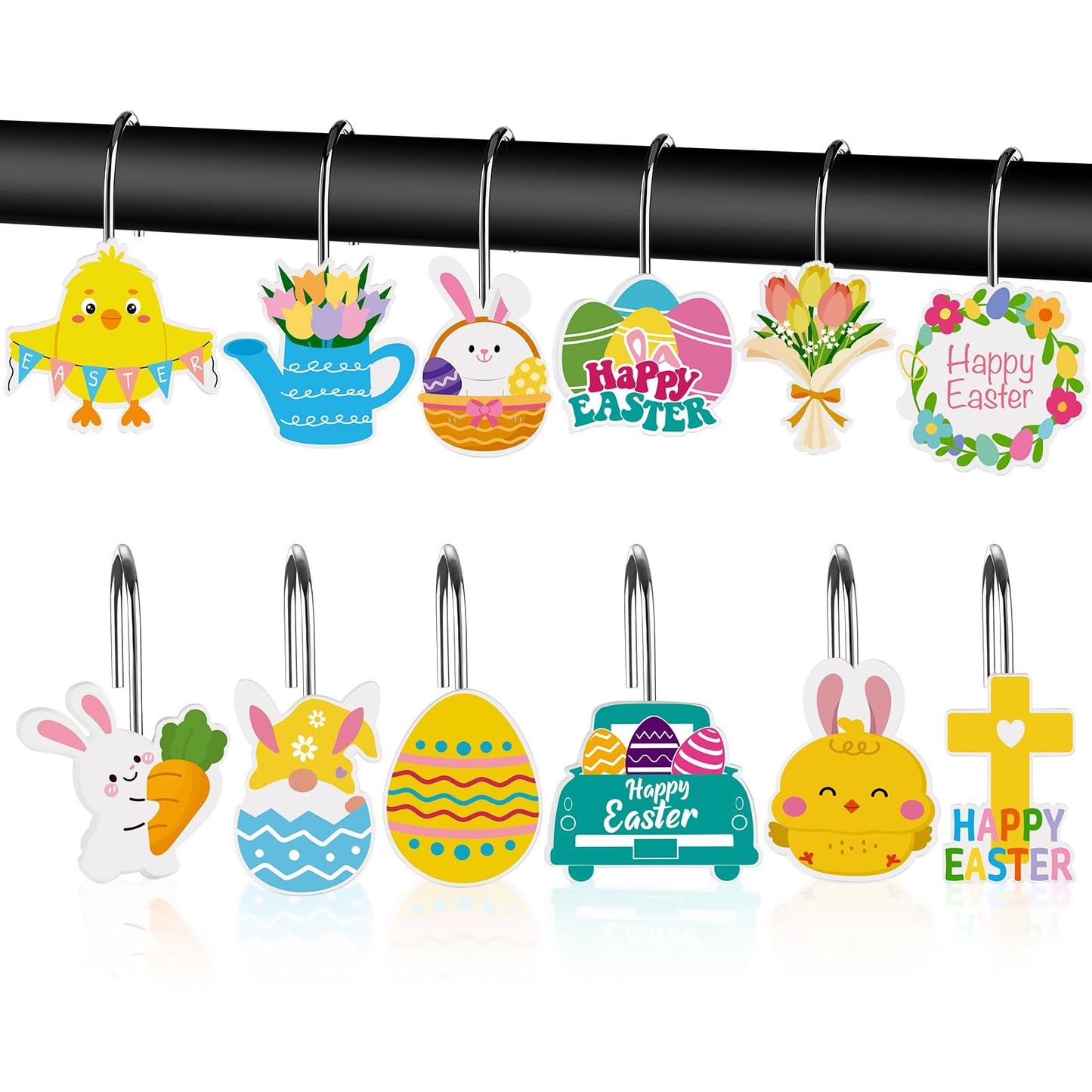Haiabei 12Pcs Shower Curtain Hooks Hangers Decorative Metal Rustproof Bathroom Room Pendants Decor Accessories with Bunny Happy Carrot Flower Chick Rabbit Stainless Curtains Rings