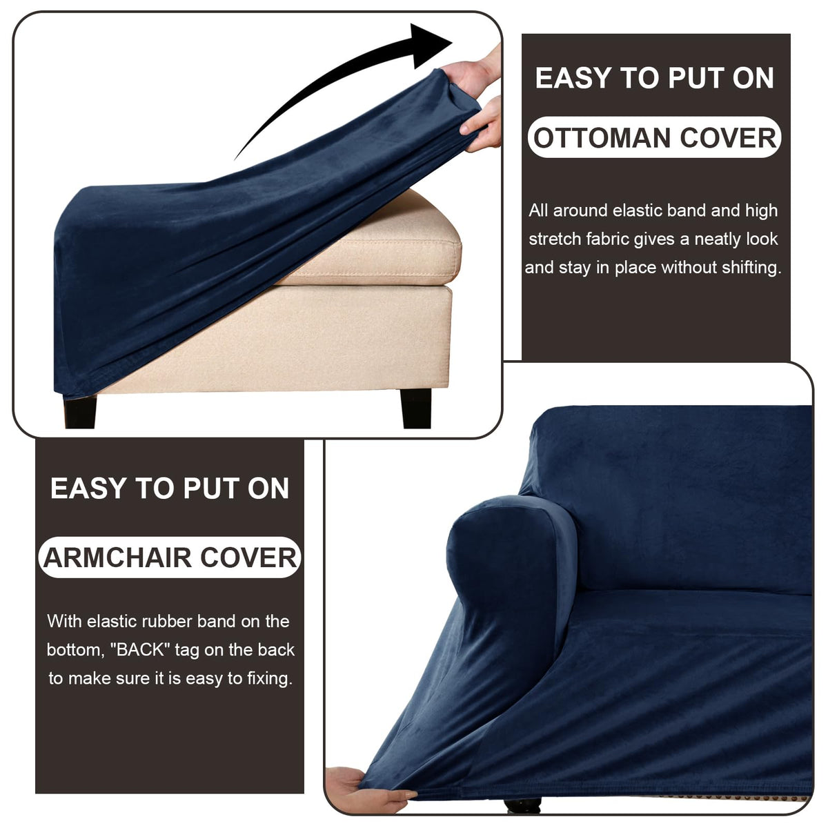 KSLHRCB Chair and Ottoman Cover Set, Armchair and Ottoman Velvet Cover Non-Slip, Stretch Single Seat Sofa and Foot Stool Covers Set for Living Room (Navy Blue,Chair + Ottoman)