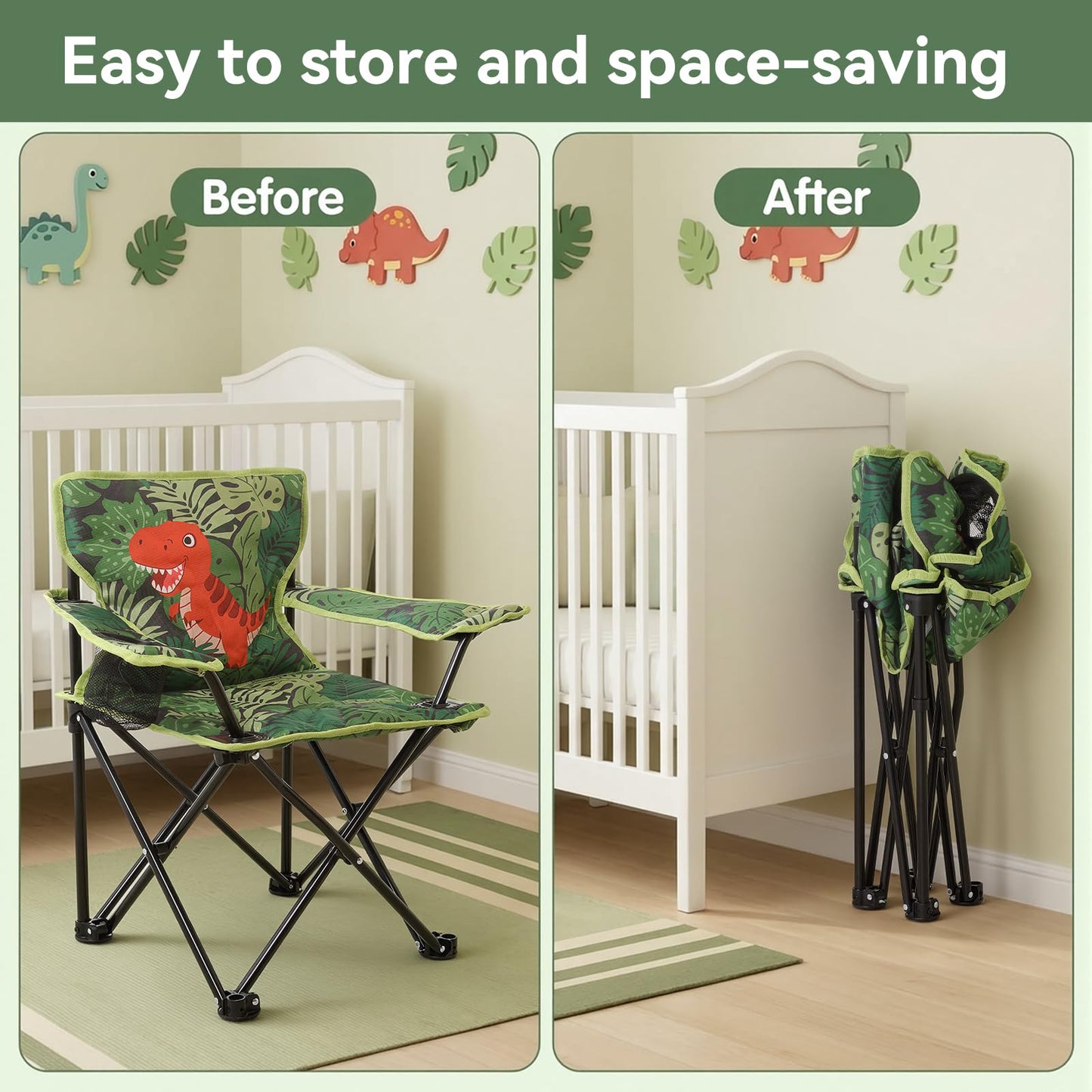 Huskfirm Padded Kids Camping Chair Folding Toddler Chair with Cup Holder & Safety Lock Portable Kids Beach Chair Ages 3-6 for Outdoor Camping Foldable Kids Chair Support 120lbs,Green Dinosaur