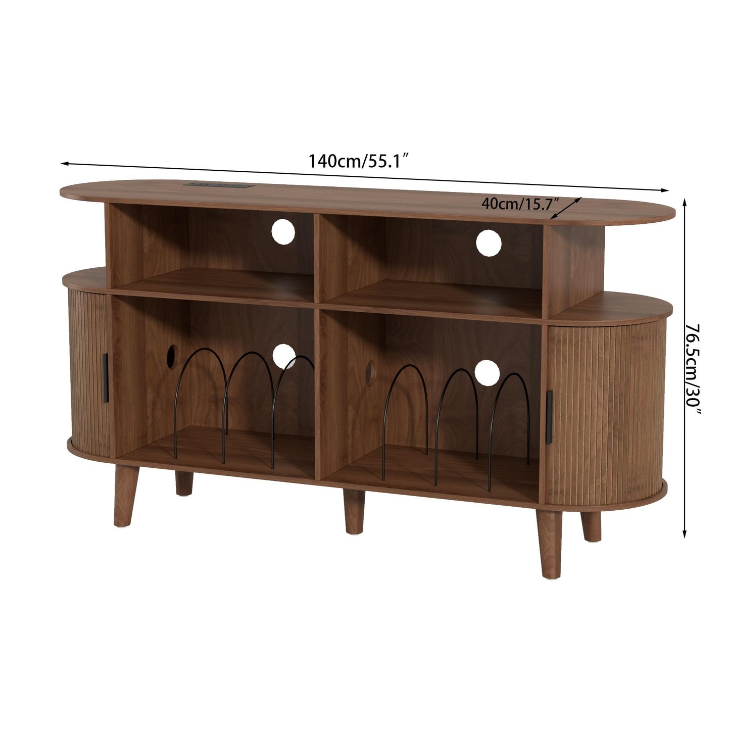 LUVIOHOME Large Round Record Player Stand with Charging Station & USB Ports,Record Storage Cabinet, Mid Century Modern Turntable Stand for Bedroom Living Room (Walnut)