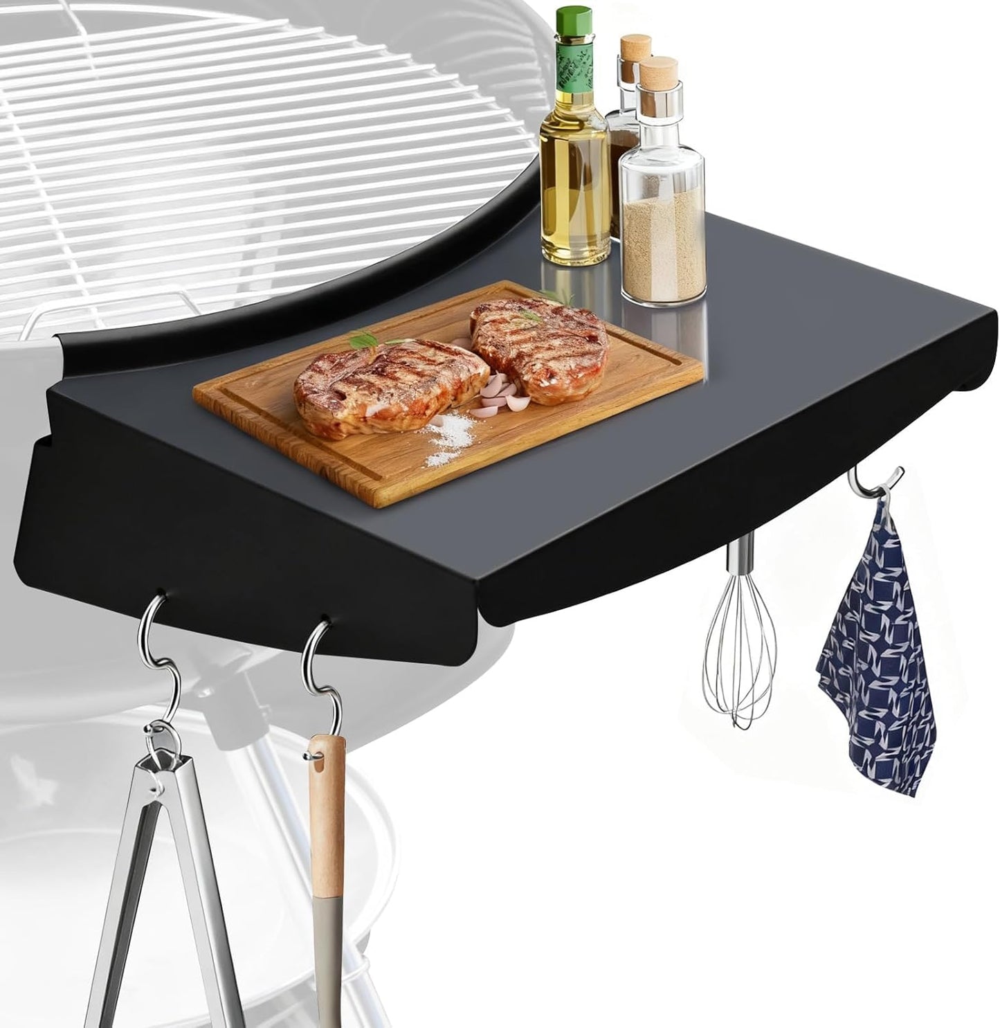 Uniflasy Side Table Shelf for Weber 22” Kettle Grills - Master Touch, Premium, Original Charcoal Grill Accessories, Black Steel with Hooks