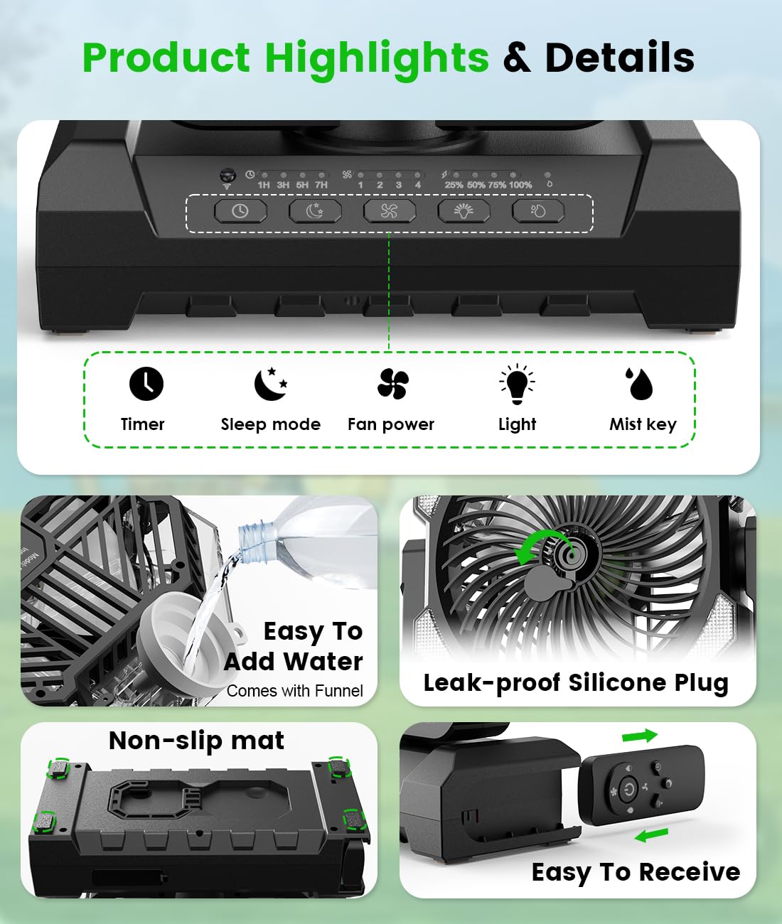 Aopircs Camping Misting Fan - 24000mAh Portable Battery Powered Fans with 9oz Water Tank, Light, Hook - Rechargeable, 120H Cooling, Last 5H Mist, 4 Speed, Sleep Mode - Outdoor Gear, Travel Essentials
