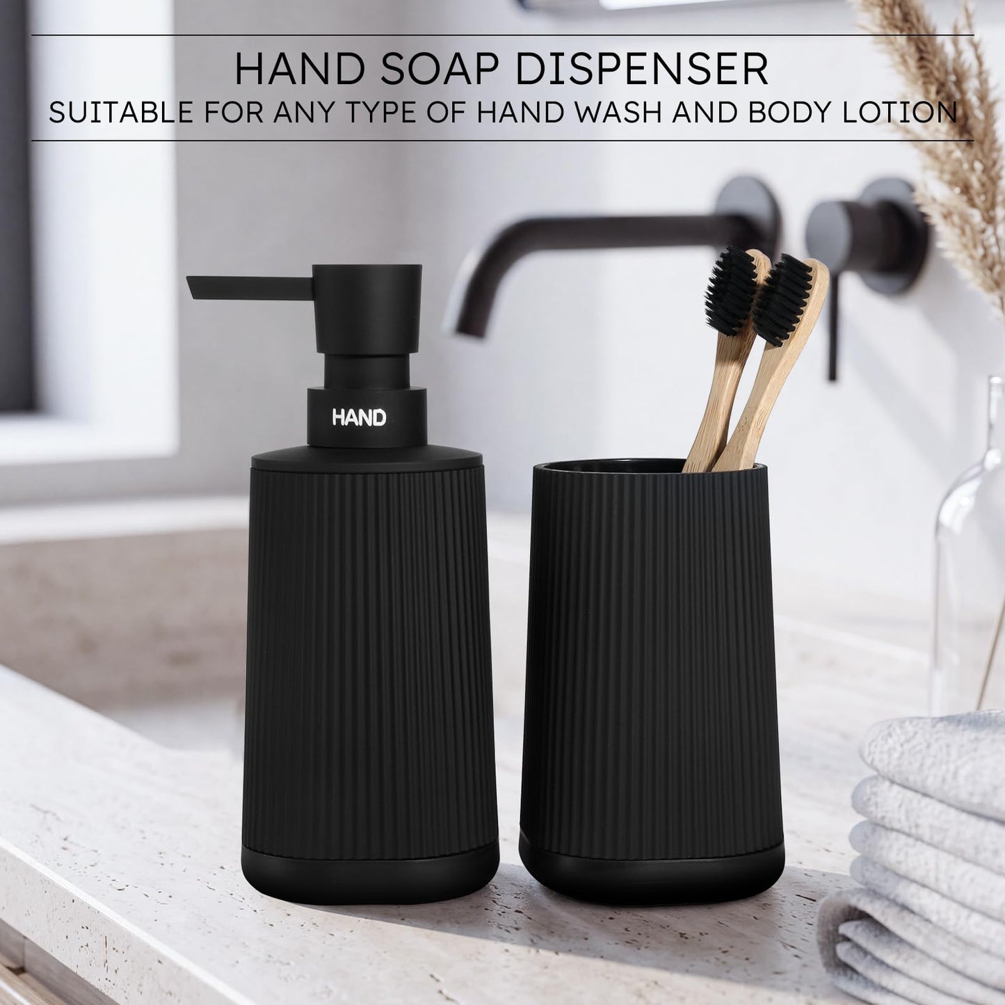 Black Bathroom Soap Dispenser and Toothbrush Holder Set with Non-Slip Base
