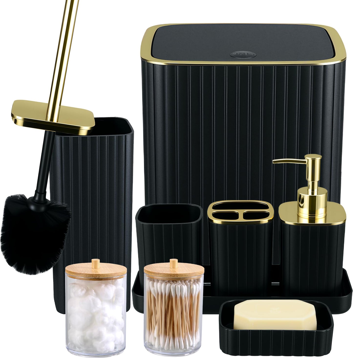 Bathroom Accessories Set-9PC Set with Toilet Brush, Trash Can, Soap Dispenser, Q-Tip Holder | Modern Home Bath Essentials (Black, Bath Set)