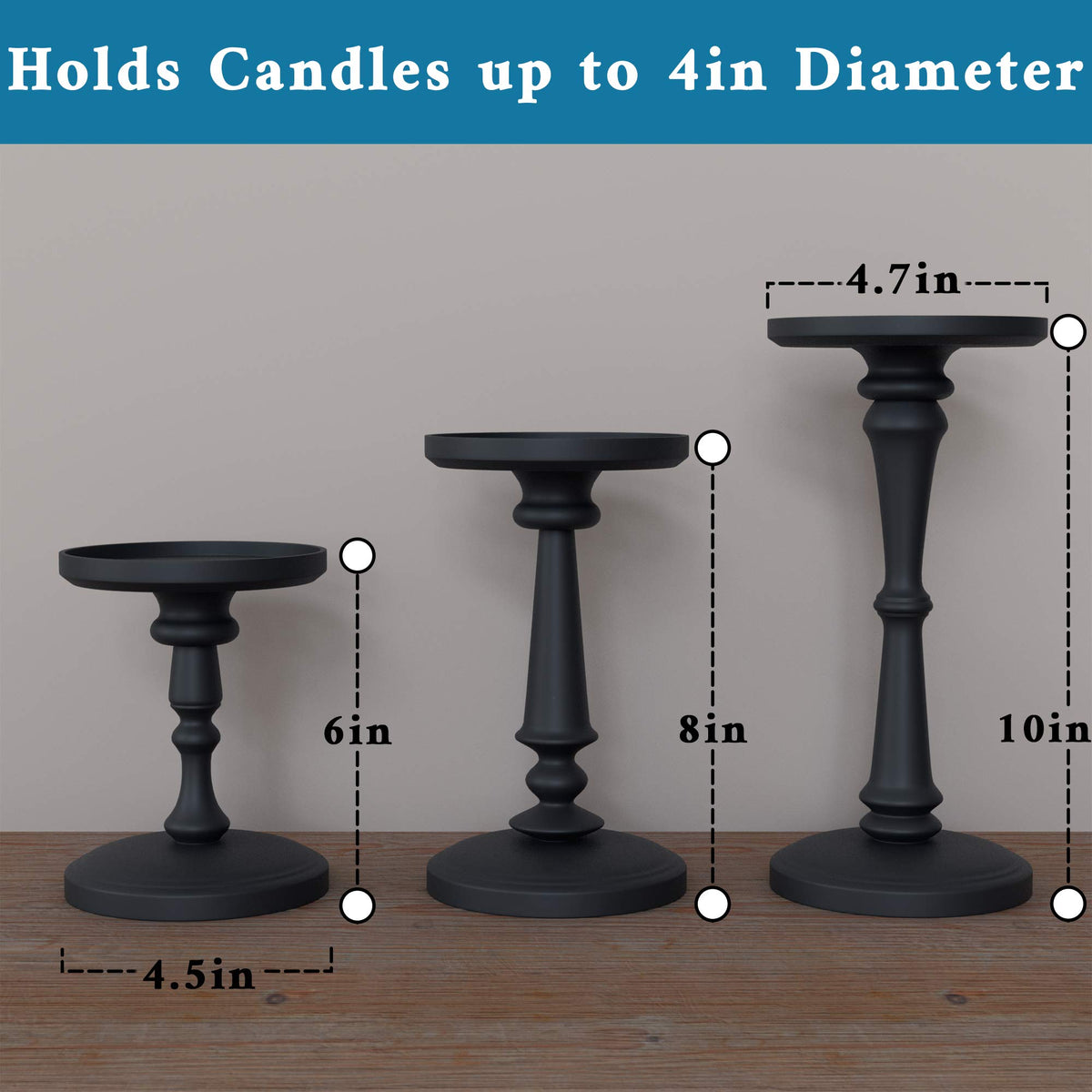 Candle Holders Set of 3 Matte Black, 6, 8,10" Tall Metal for Pillar Candles