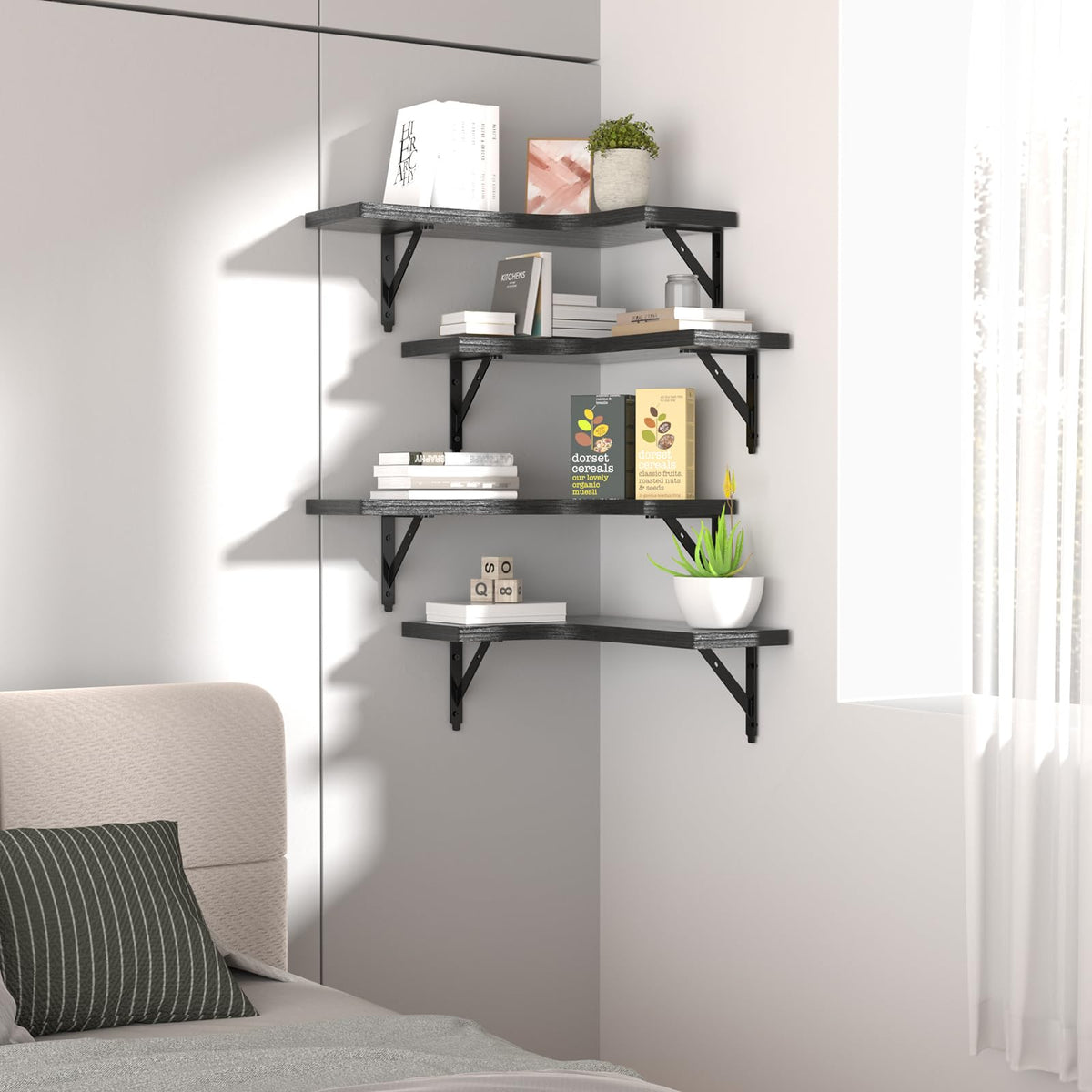 ROMGUAR CRAFT Corner Floating Shelves Wall Mounted Set of 4, Black