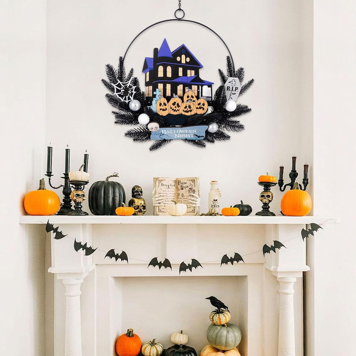 Amadecohome Halloween Wreath with Lights, 15.7 Inch, 6H On/18H Off Timer