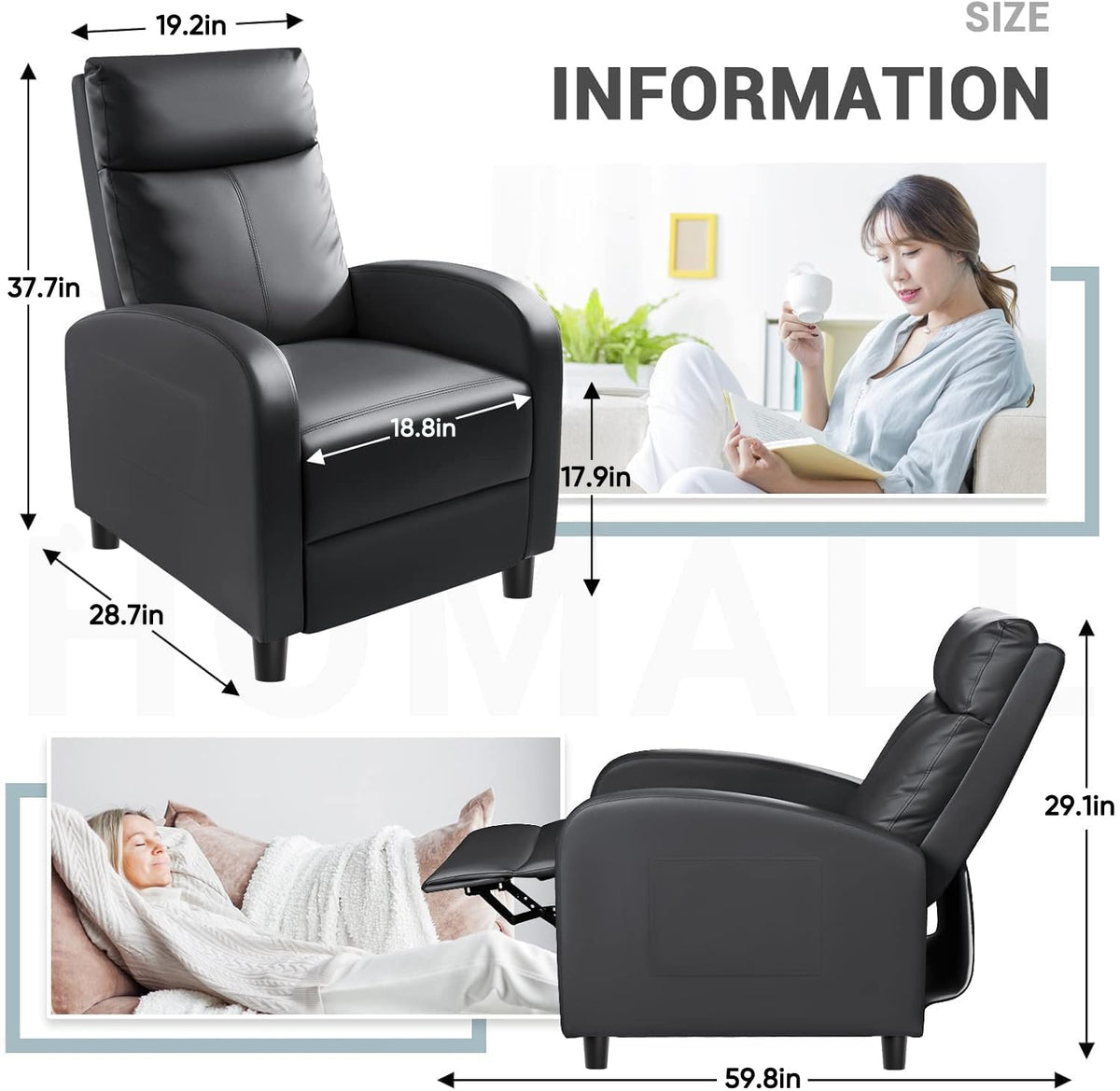 Homall Recliner Chair, Recliner Sofa PU Leather for Adults, Black Recliners