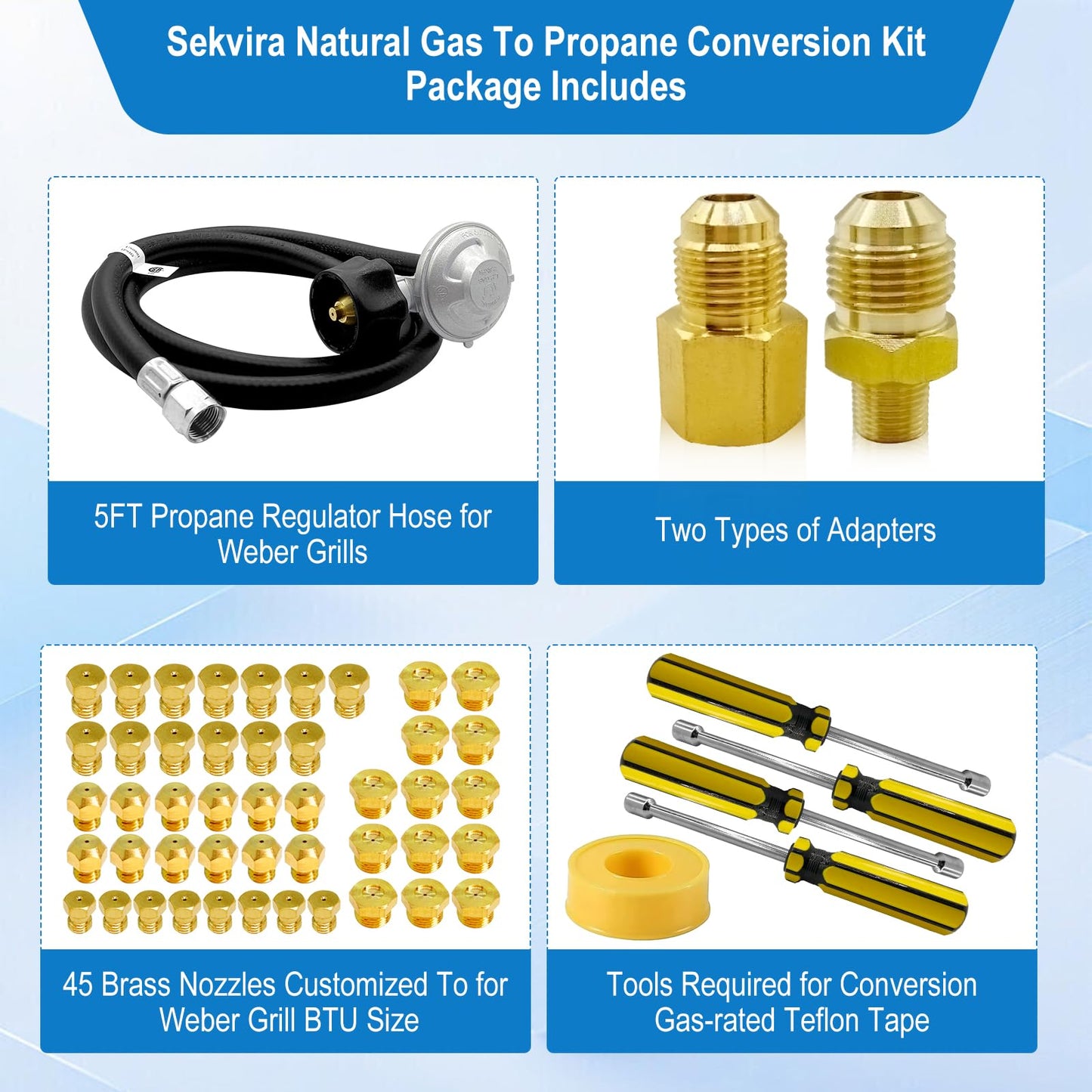 Sekvira Natural Gas to Propane Conversion Kit for Weber Genesis or Genesis II Grill and for Weber Summit Grill–5FT Propane Regulator Hose for Weber Grills,45 Orifices,Fittings & Tools.