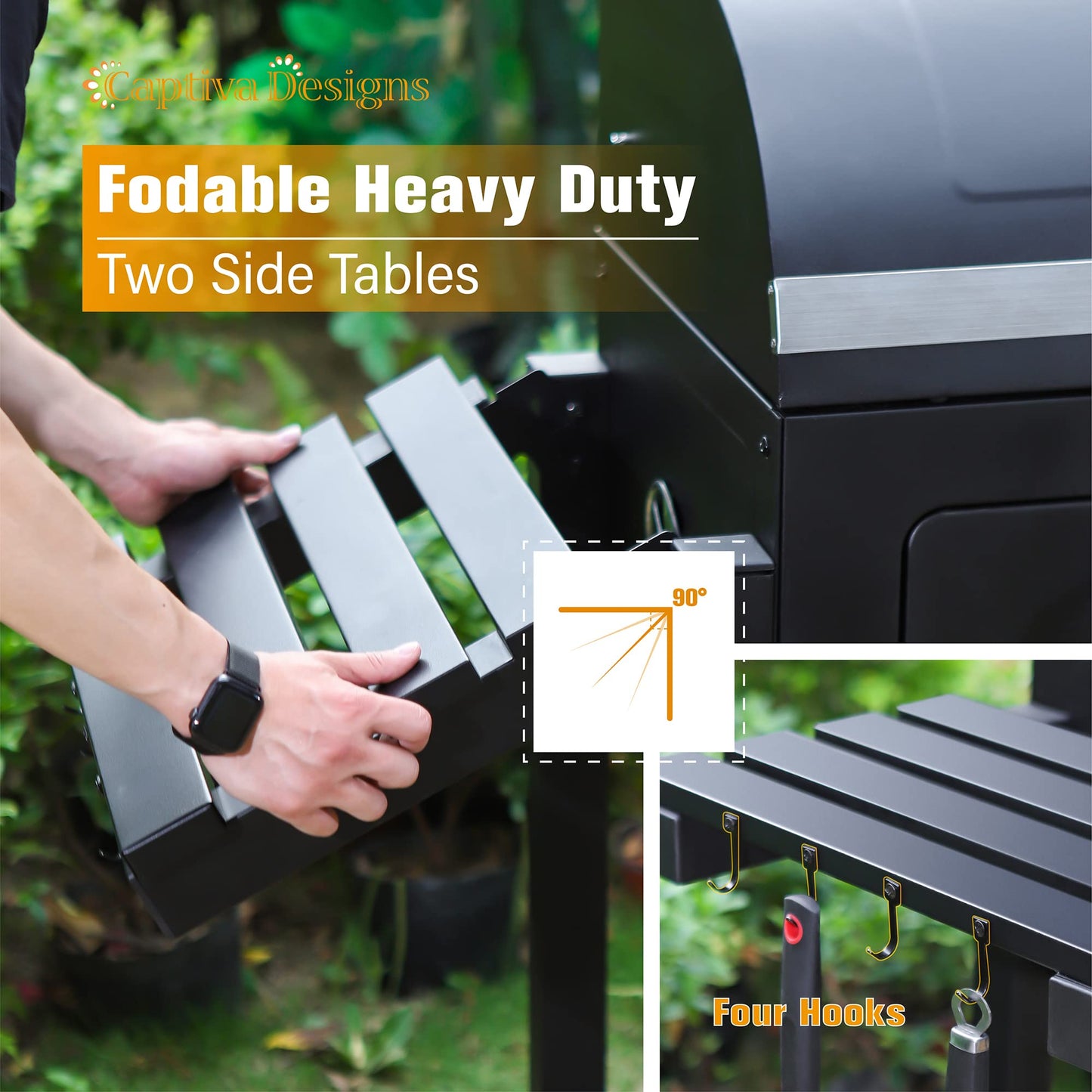 Captiva Designs Extra Large Charcoal BBQ Grill with Oversize Cooking Area(794 SQIN), Outdoor Cooking Grill with 2 Individual Lifting Charcoal Trays and 2 Foldable Side Tables