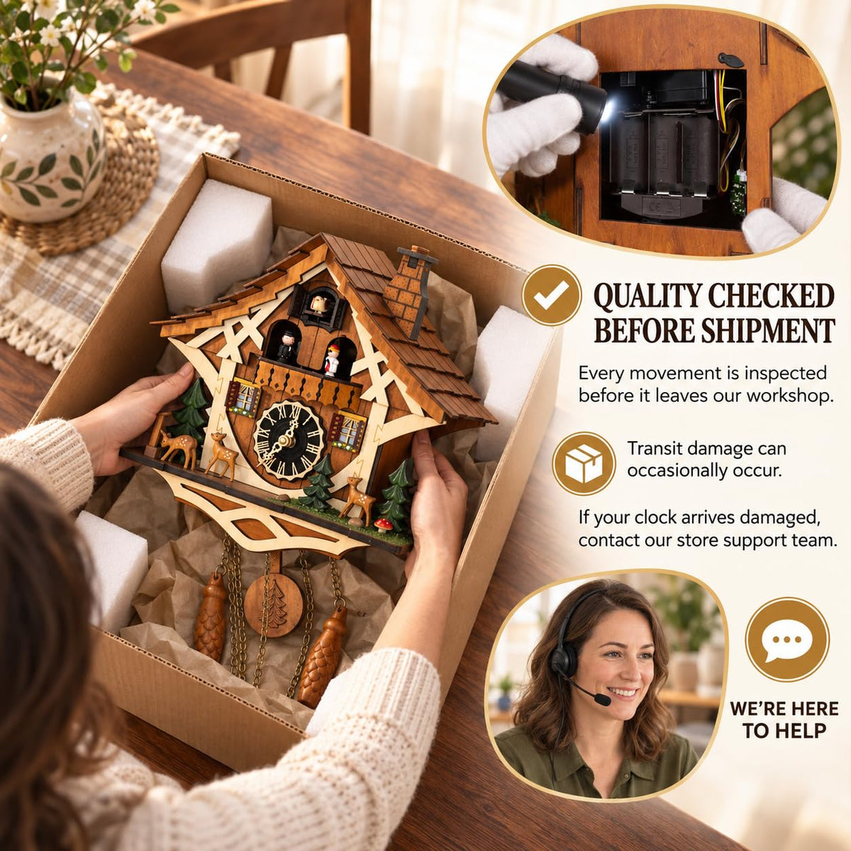 Cuckoopro Handmade Wooden Cuckoo Clock, Quartz Wall Clock, Gift for Family