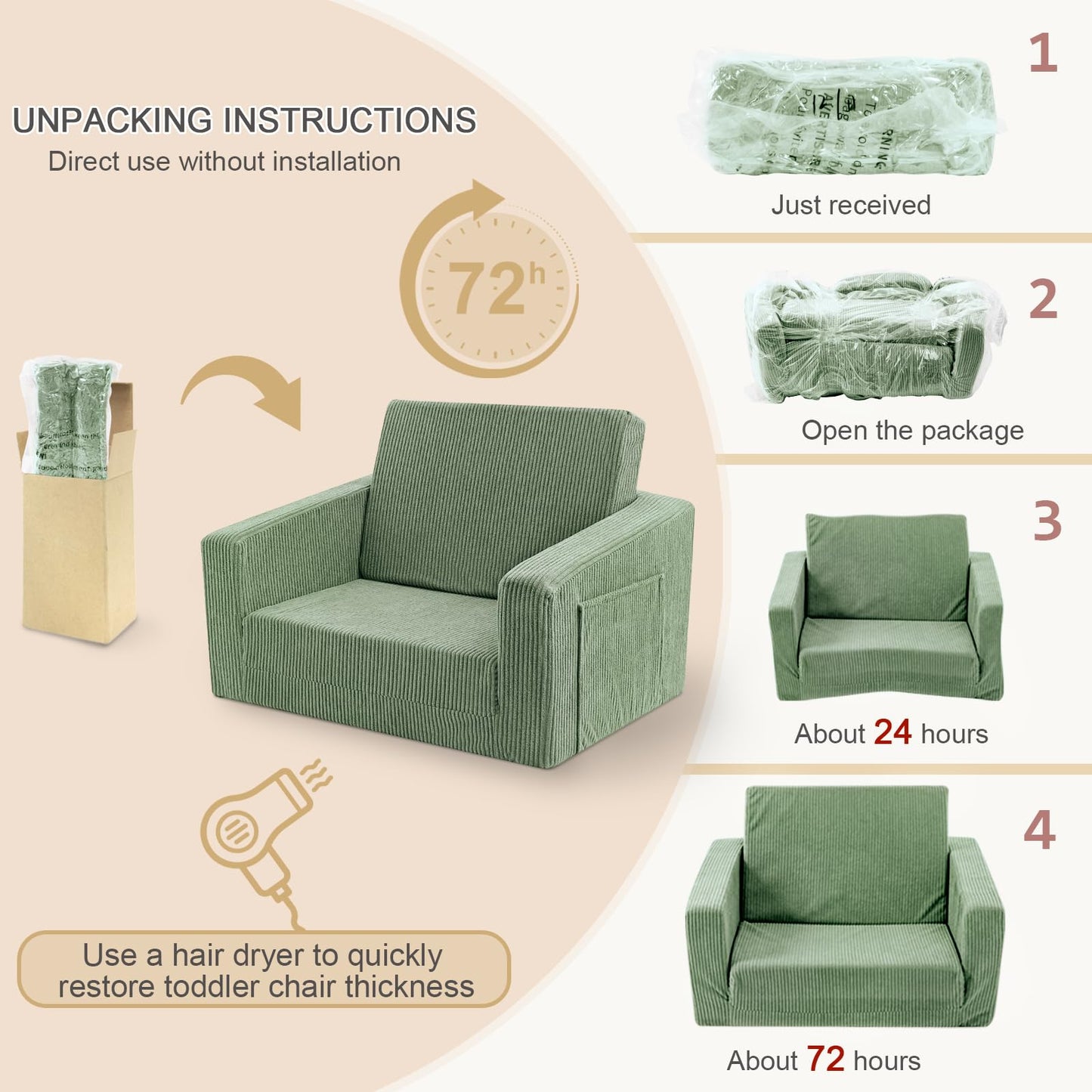Jouha Toddle & Kids Chair,2-in-1 Soft Toddler Couches that Fold Out,Toddler Chairs Comfy 1-3 Years Old,Convertible Sofa to Lounge,Green