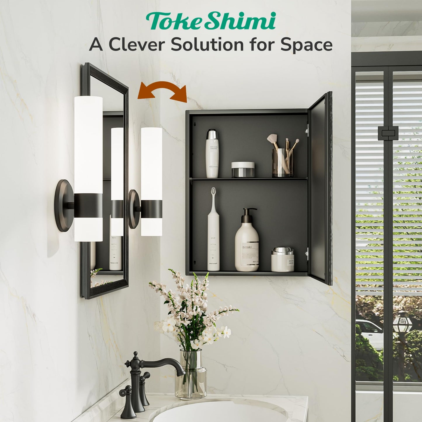 TokeShimi 14 x 18 Recessed Medicine Cabinet, Assembly Required, Black Bathroom Medicine Cabinet with Mirror, Stepless Adjustable Shelves, Tempered Glass, Beveled Aluminum Frame